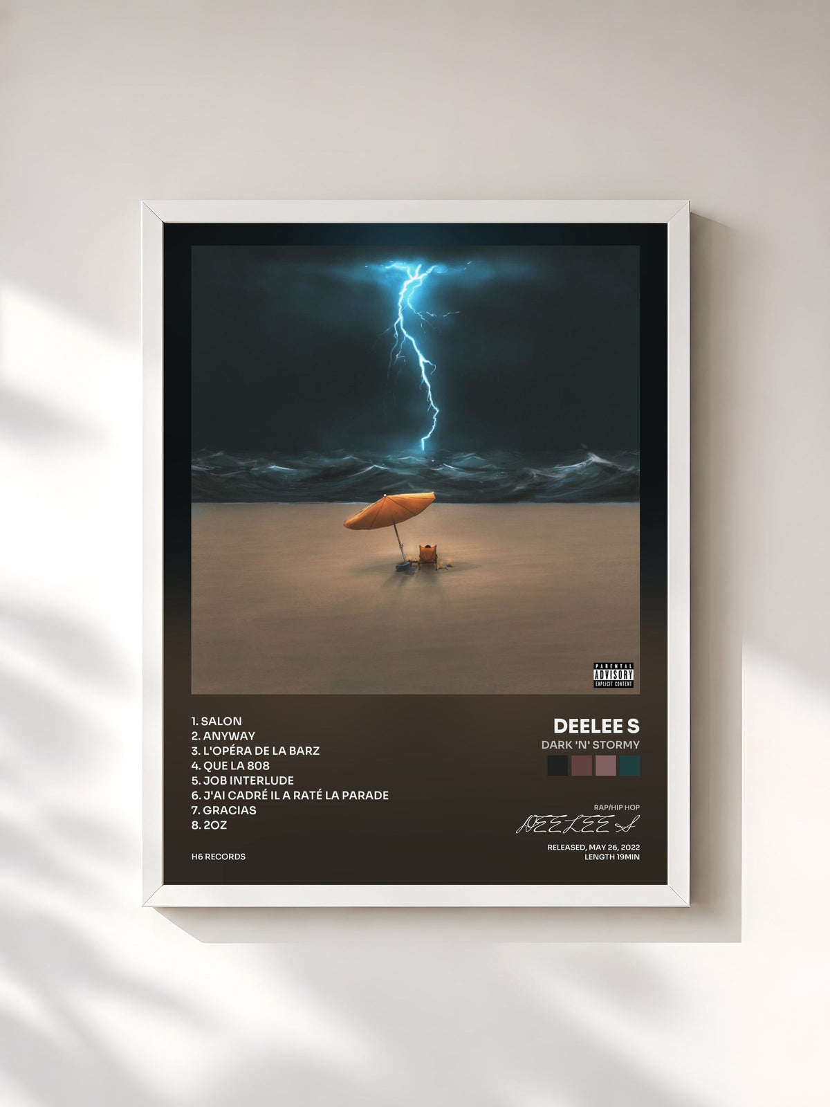 #blanc Tableau de l'album DARK 'N' STORMY de DEELEE S, cadre blanc, imprimé et encadré en France