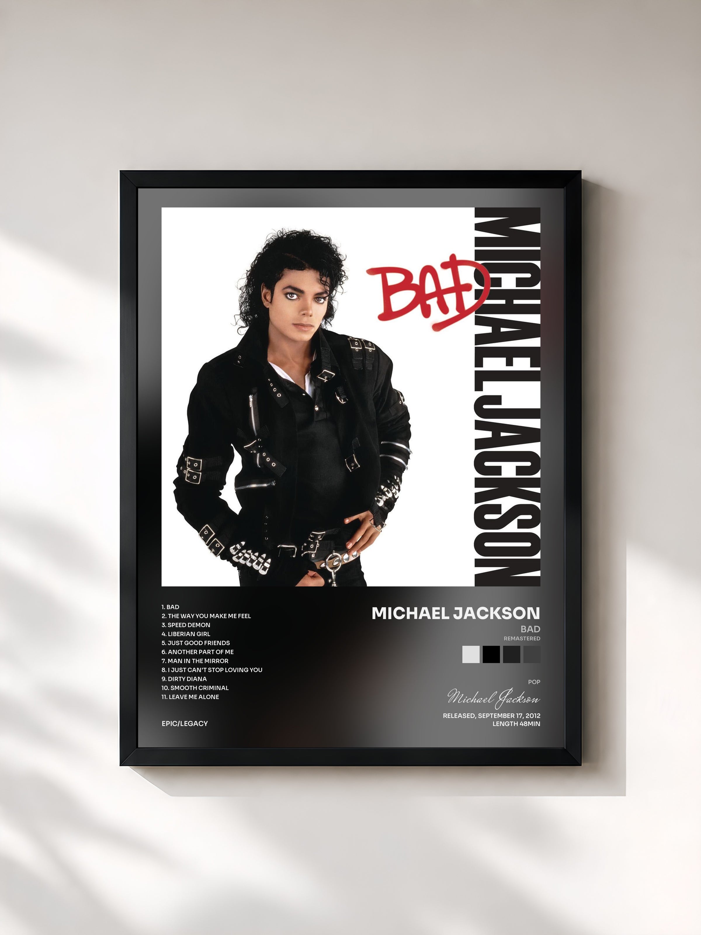 #noir Tableau de l'album Bad (Remastered) de Michael Jackson, cadre noir, imprimé et encadré en France