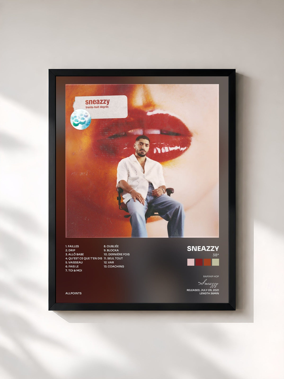 #noir Tableau de l'album 38° de Sneazzy, cadre noir, imprimé et encadré en France