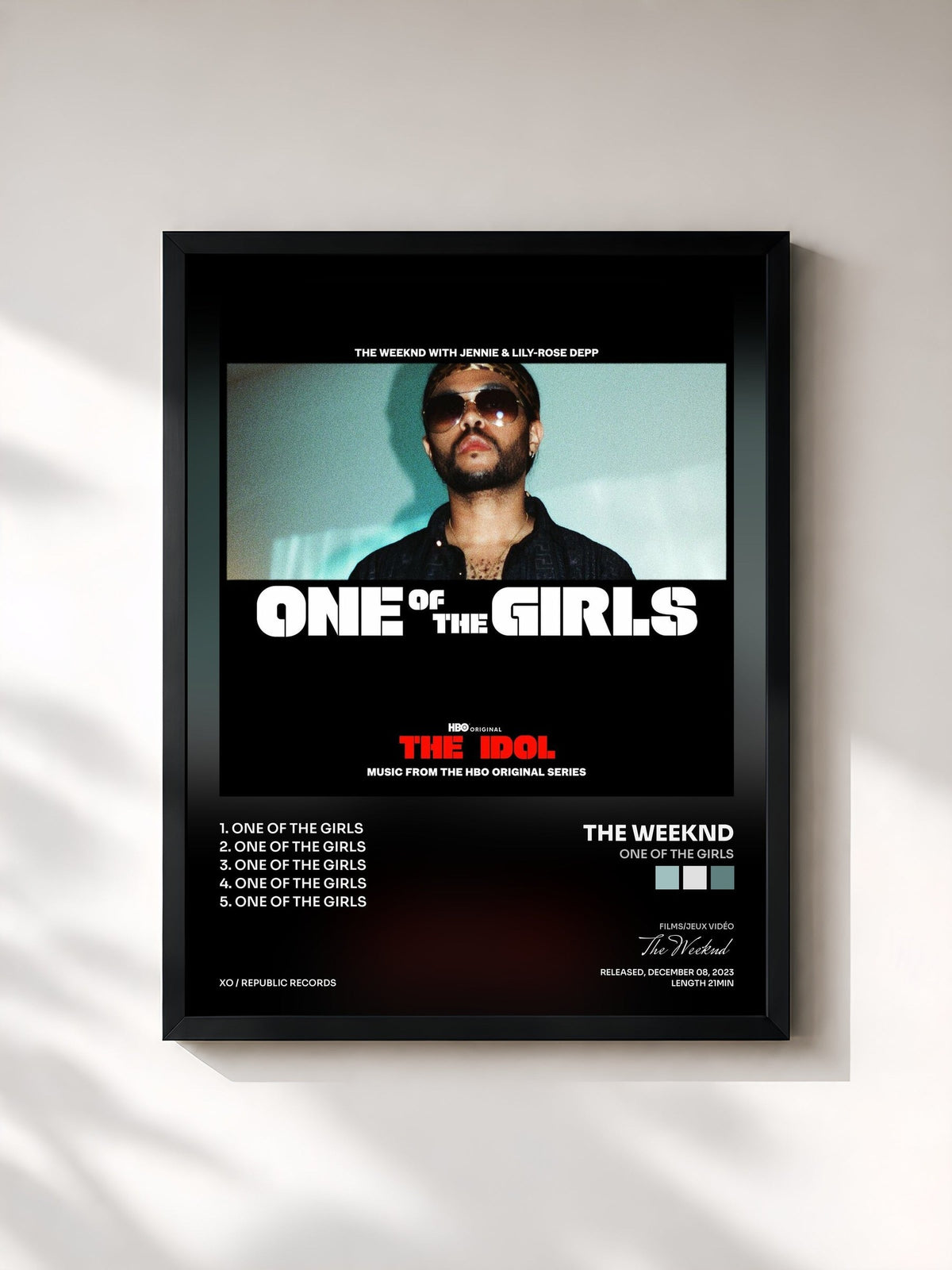 #noir Tableau de l'album One of the Girls de The Weeknd, cadre noir, imprimé et encadré en France