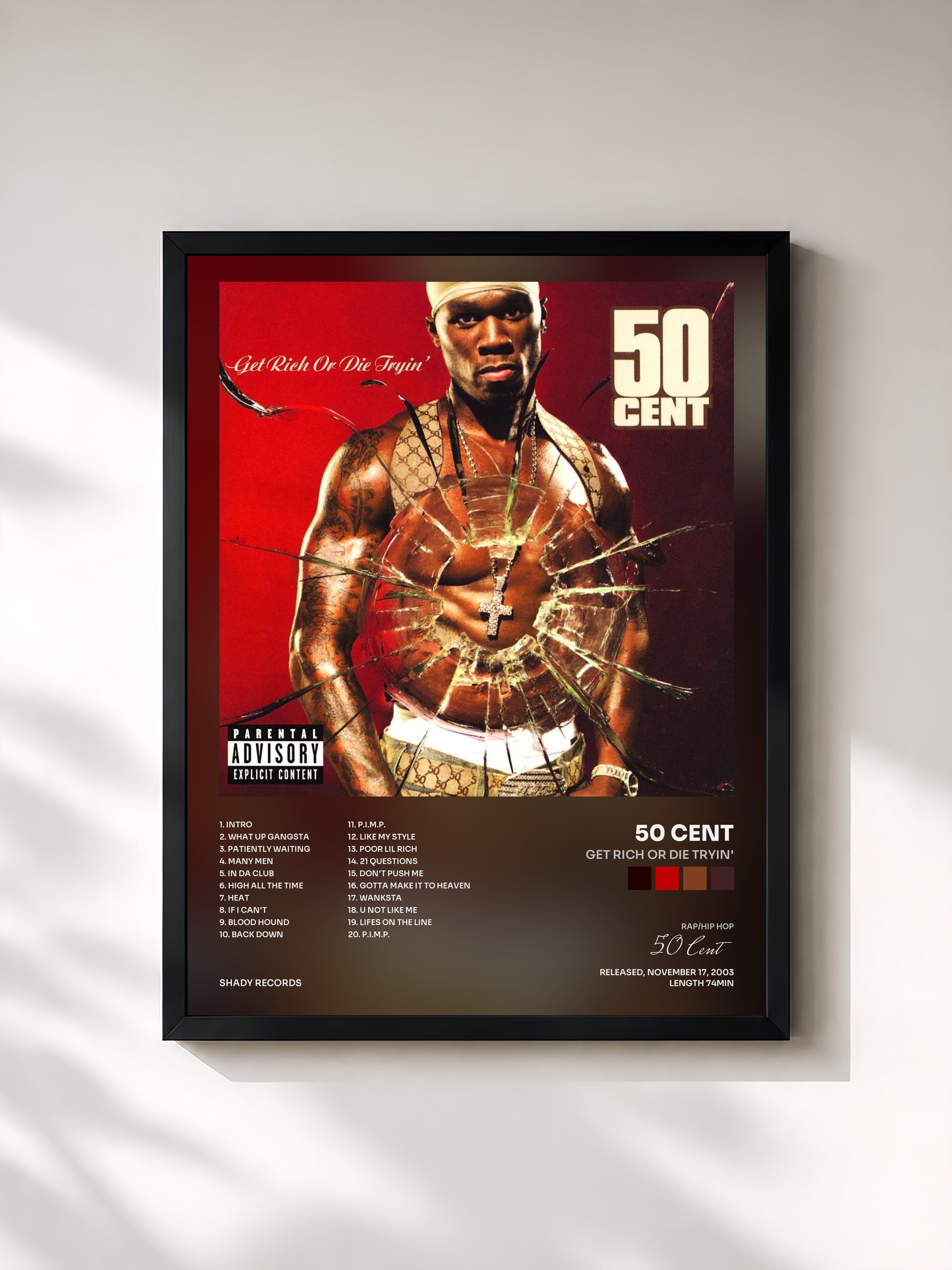 #noir Get Rich Or Die Tryin' di 50 Cent in stampa incorniciata, cornice nera, stampata e incorniciata in Francia