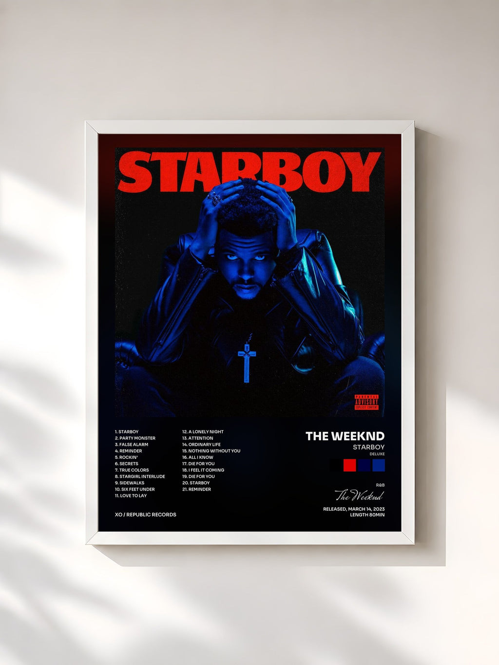 #blanc Tableau de l'album Starboy (Deluxe) de The Weeknd, cadre blanc, imprimé et encadré en France