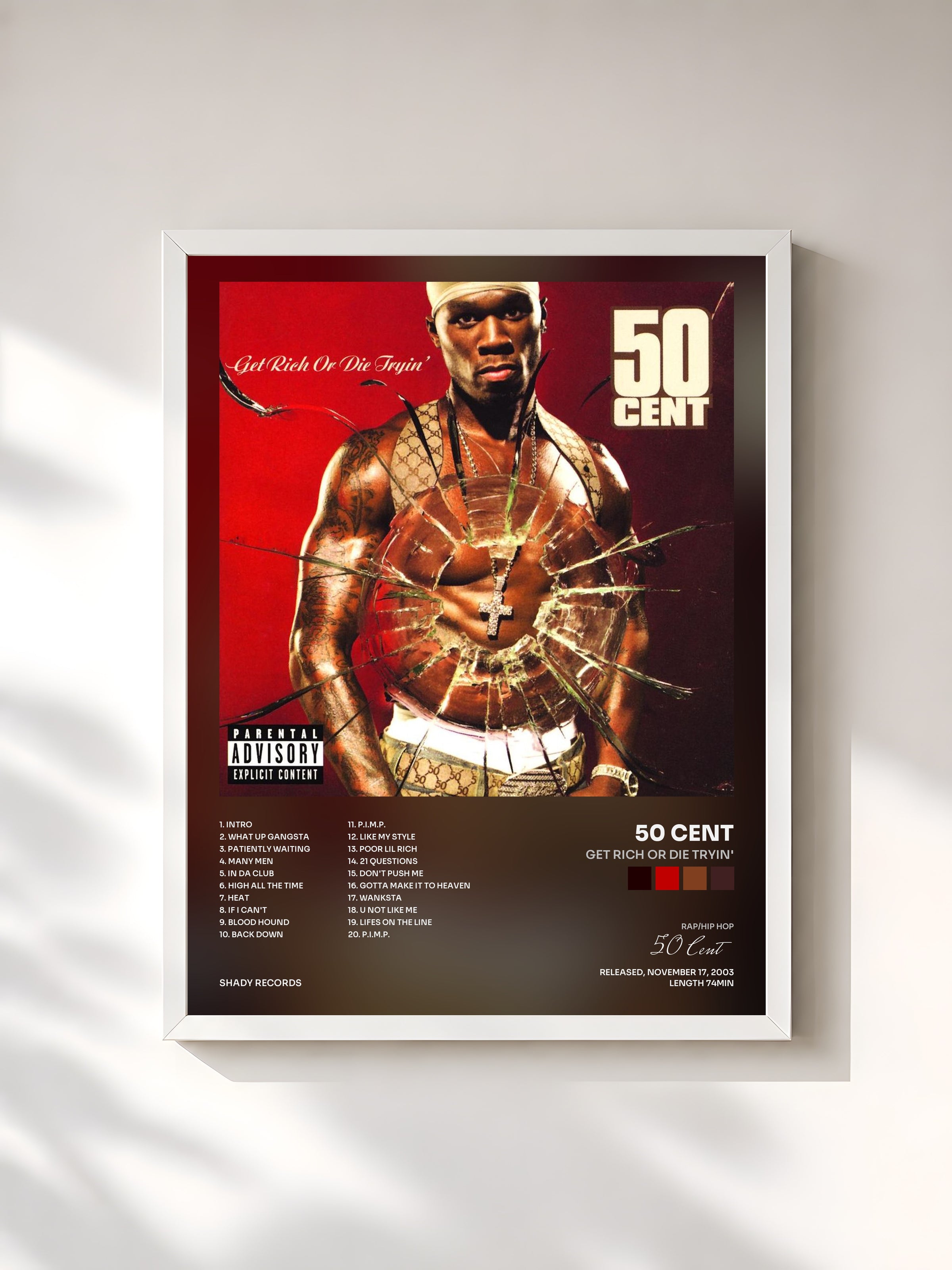 #blanc Get Rich Or Die Tryin' di 50 Cent in stampa incorniciata, cornice bianca, stampata e incorniciata in Francia