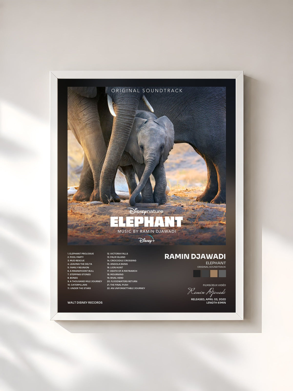 #blanc Tableau de l'album Elephant (Original Soundtrack) de Ramin Djawadi, cadre blanc, imprimé et encadré en France