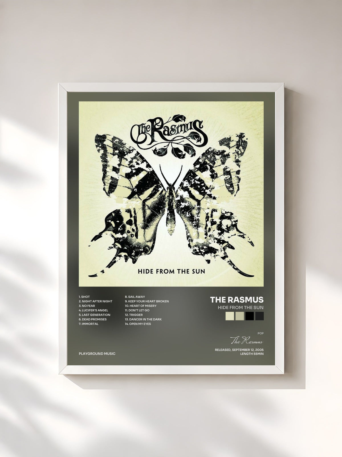 #blanc Tableau de l'album Hide from the Sun de The Rasmus, cadre blanc, imprimé et encadré en France