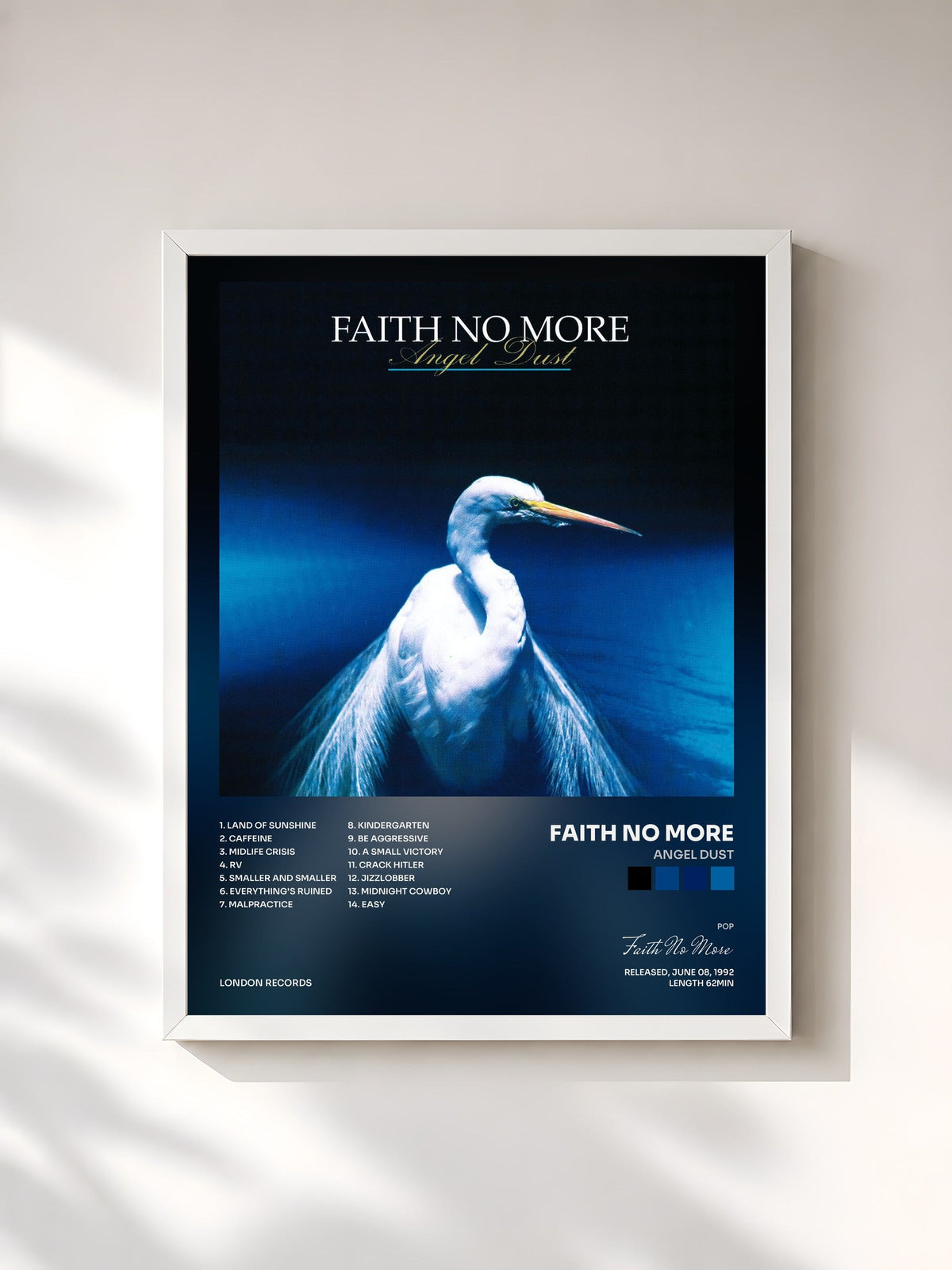 #blanc Tableau de l'album Angel Dust de Faith No More, cadre blanc, imprimé et encadré en France
