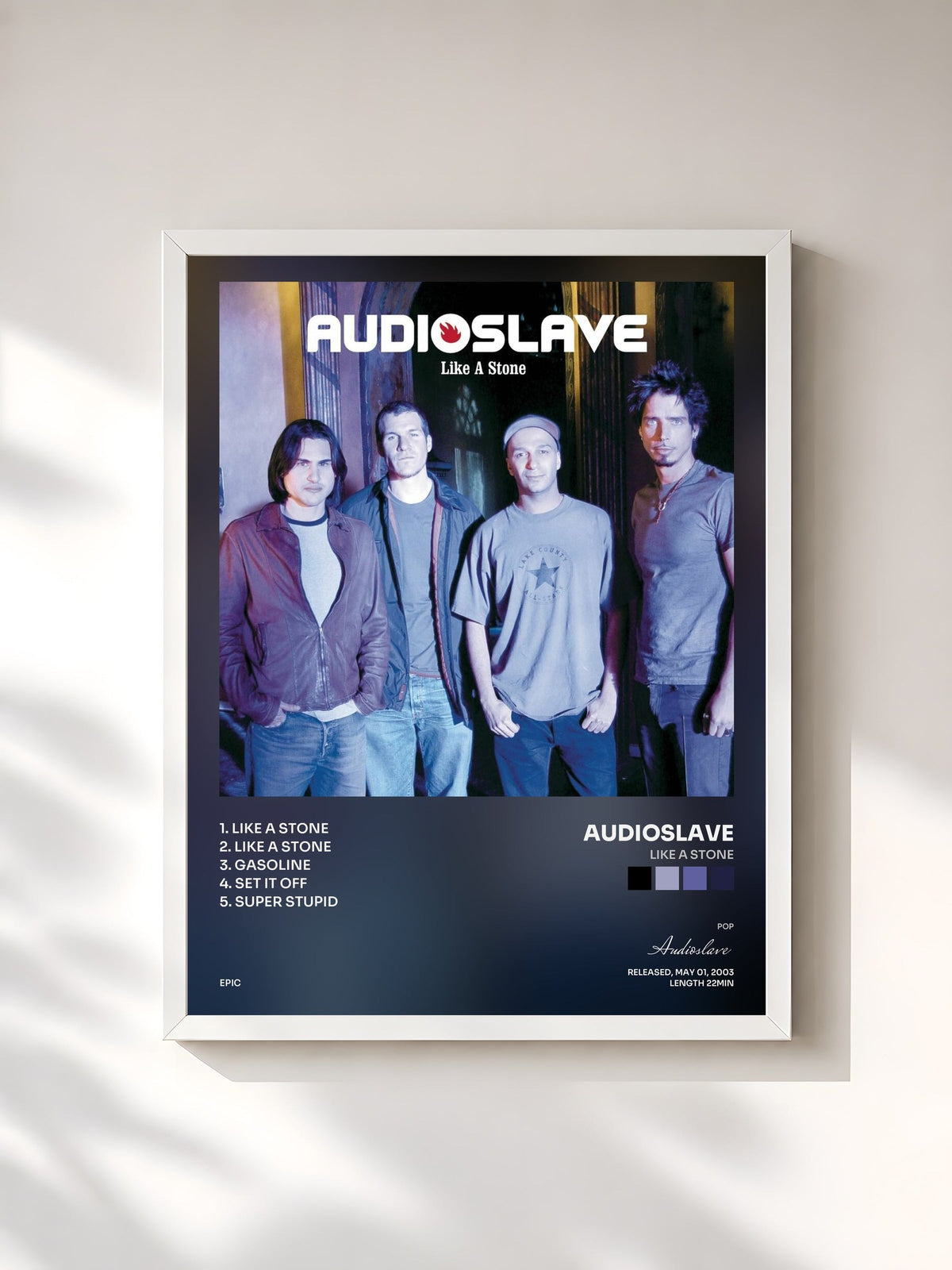 #blanc Tableau de l'album Like A Stone de Audioslave, cadre blanc, imprimé et encadré en France