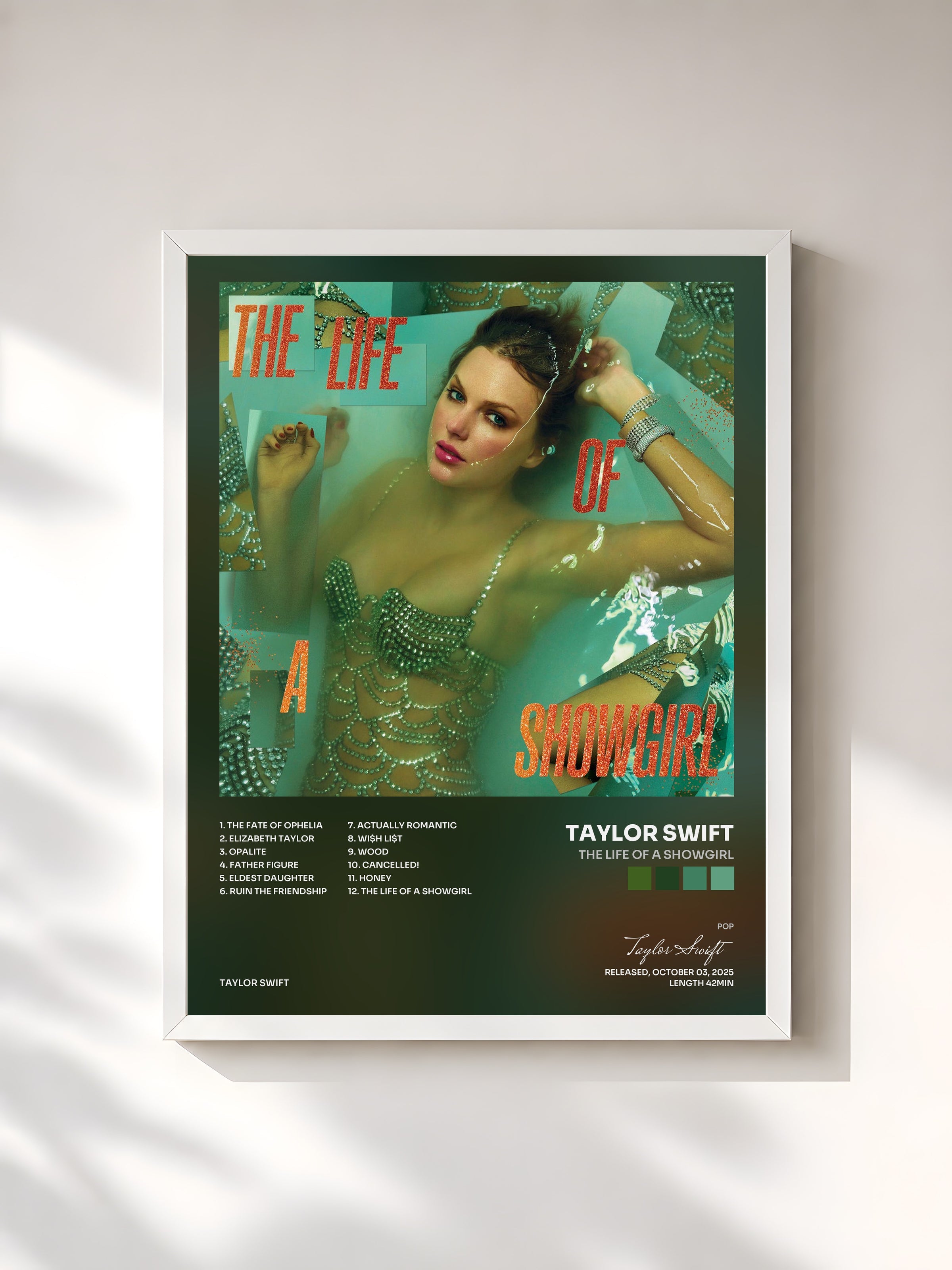 #blanc The Life of a Showgirl de Taylor Swift en lámina enmarcada, marco blanco, impresa y enmarcada en Francia