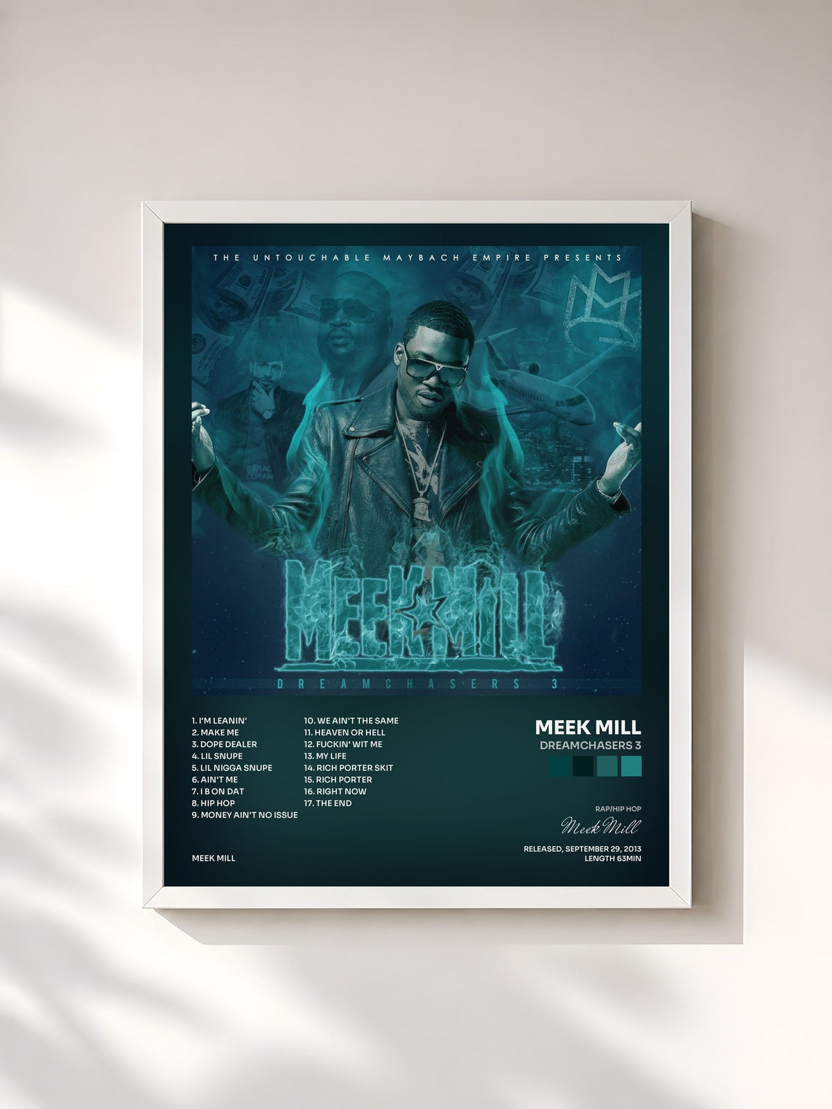 #blanc Tableau de l'album Dreamchasers 3 de Meek Mill, cadre blanc, imprimé et encadré en France