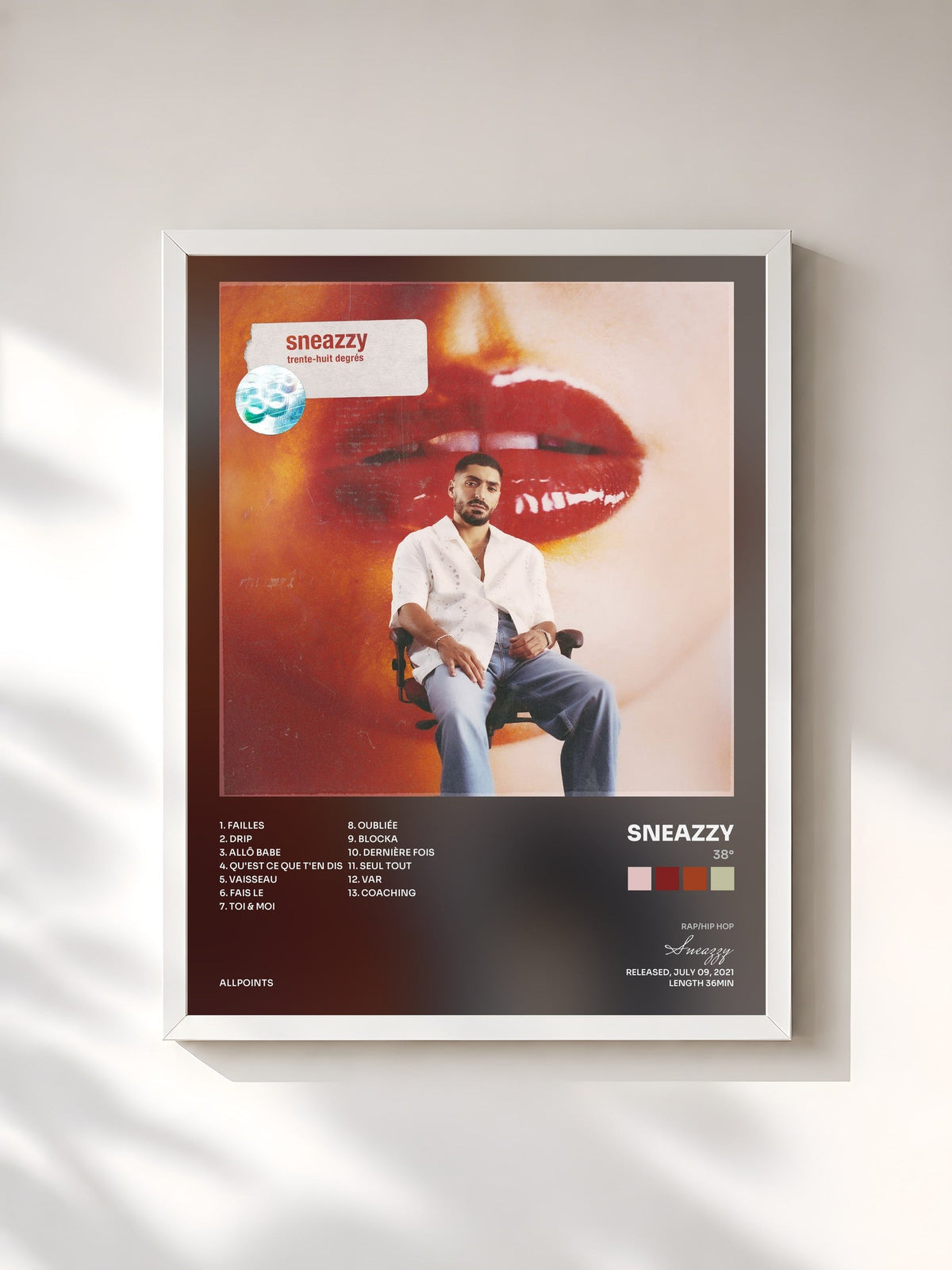 #blanc Tableau de l'album 38° de Sneazzy, cadre blanc, imprimé et encadré en France