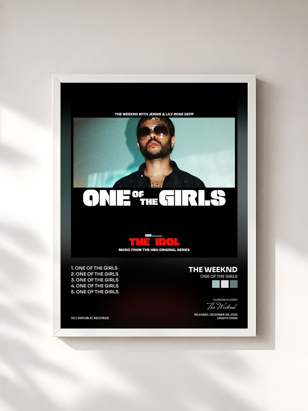 #blanc Tableau de l'album One of the Girls de The Weeknd, cadre blanc, imprimé et encadré en France