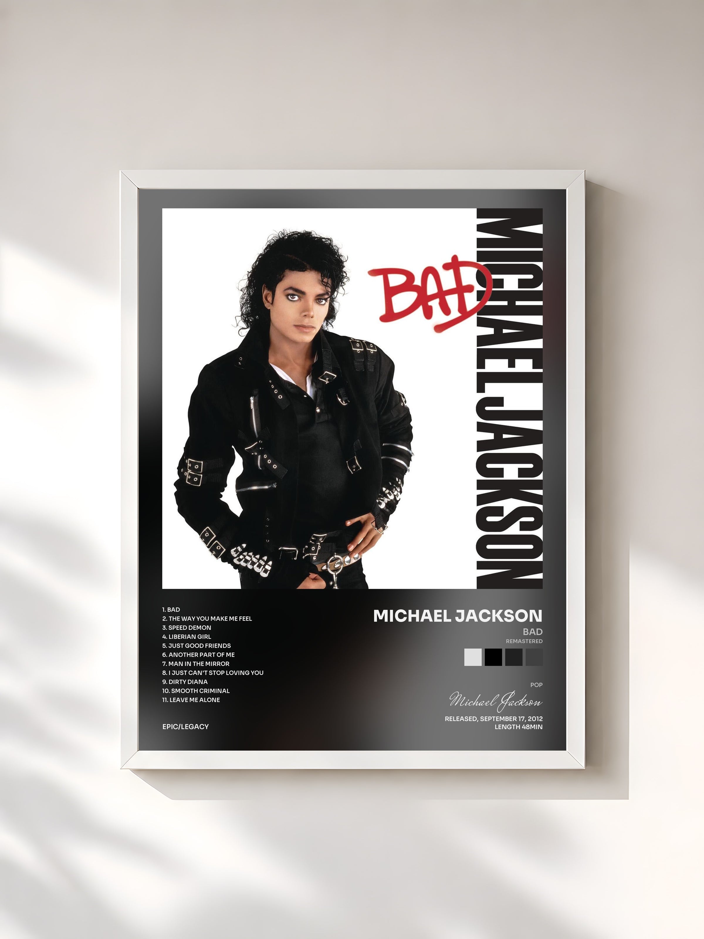 #blanc Tableau de l'album Bad (Remastered) de Michael Jackson, cadre blanc, imprimé et encadré en France