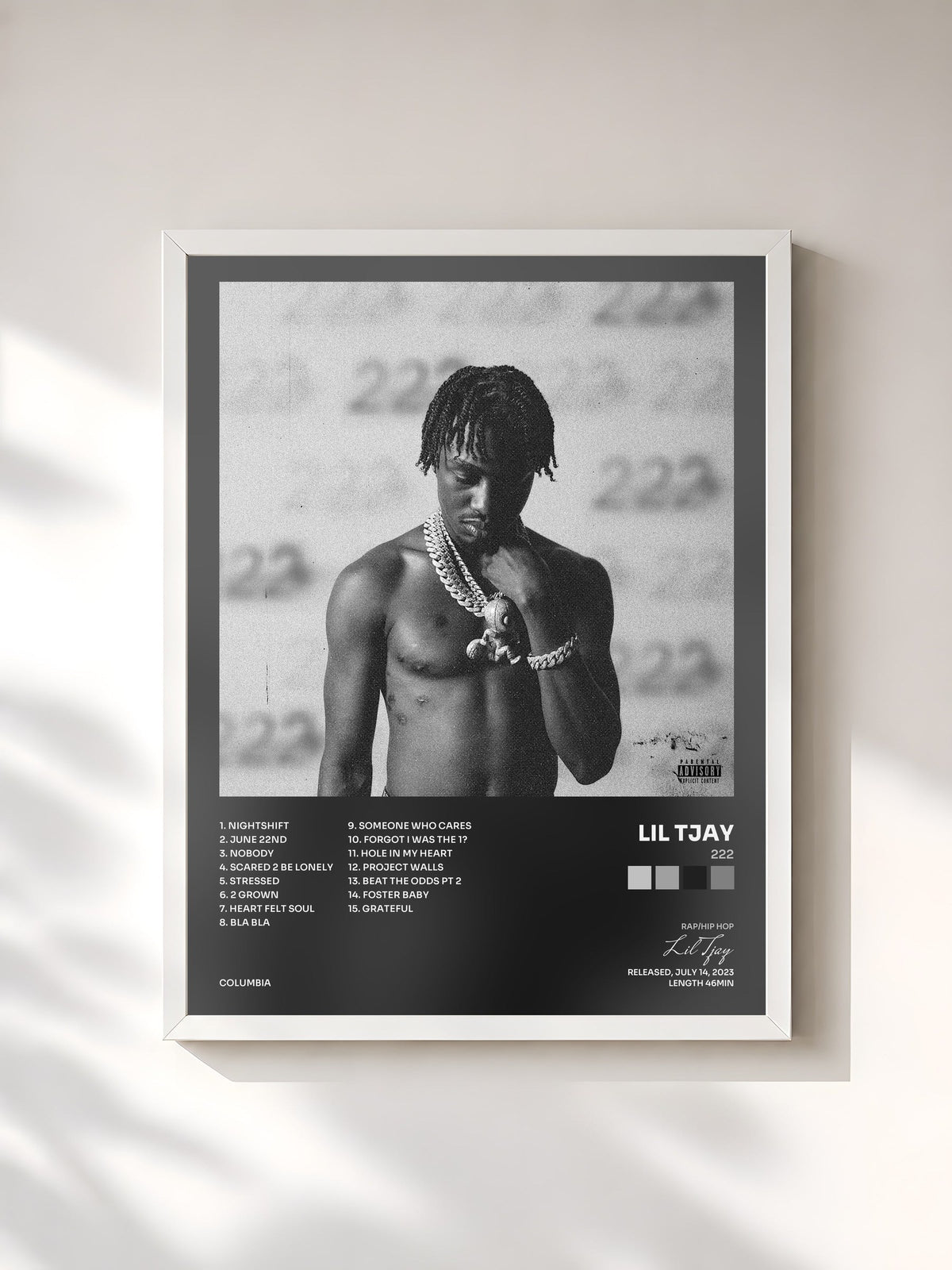 #blanc Tableau de l'album 222 de Lil Tjay, cadre blanc, imprimé et encadré en France