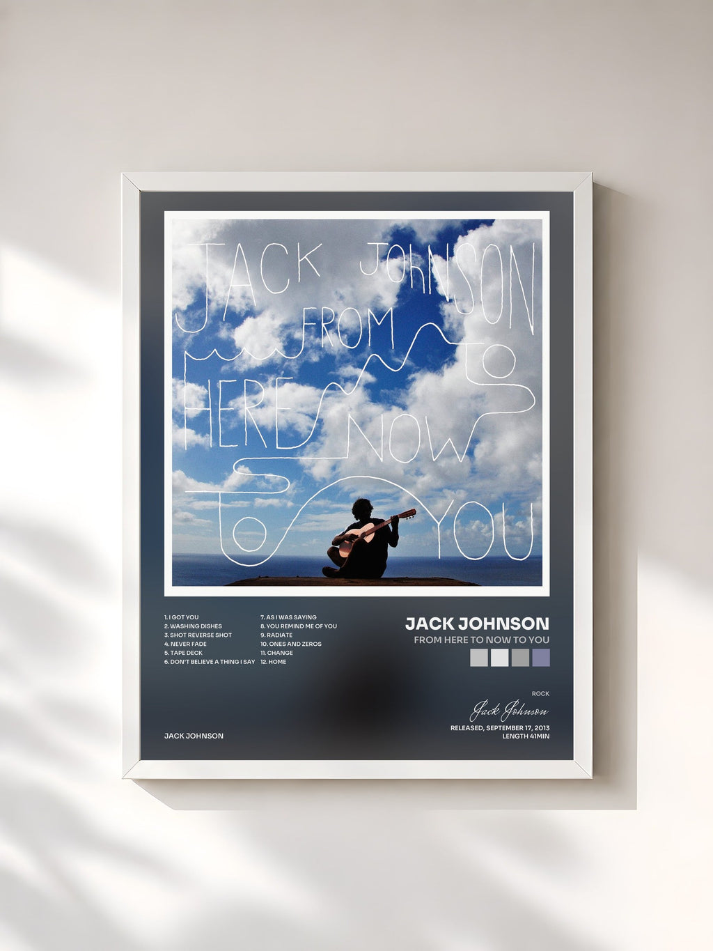 #blanc From Here To Now To You by Jack Johnson as a framed art print, white frame, printed and framed in France