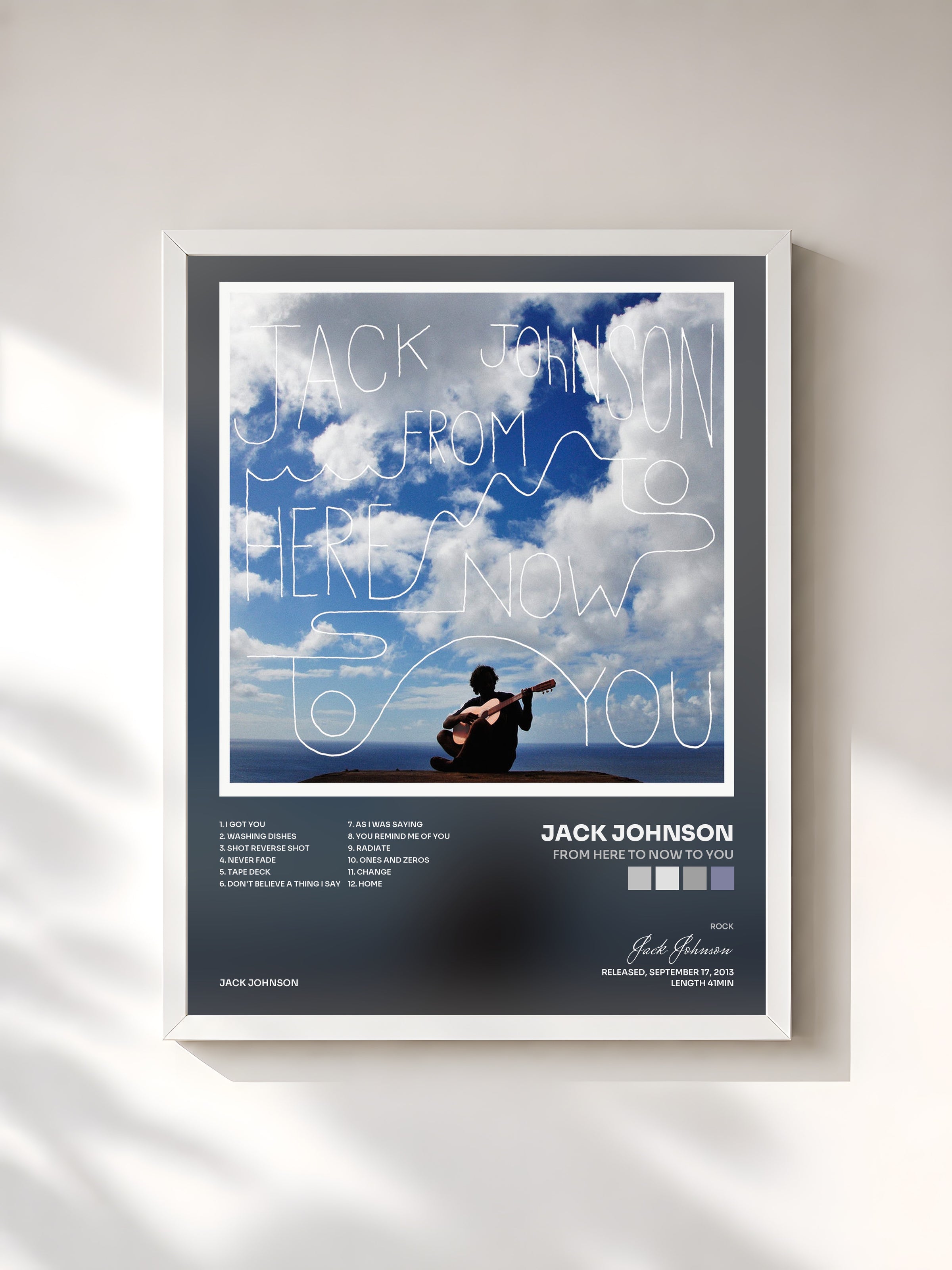 #blanc From Here To Now To You by Jack Johnson as a framed art print, white frame, printed and framed in France