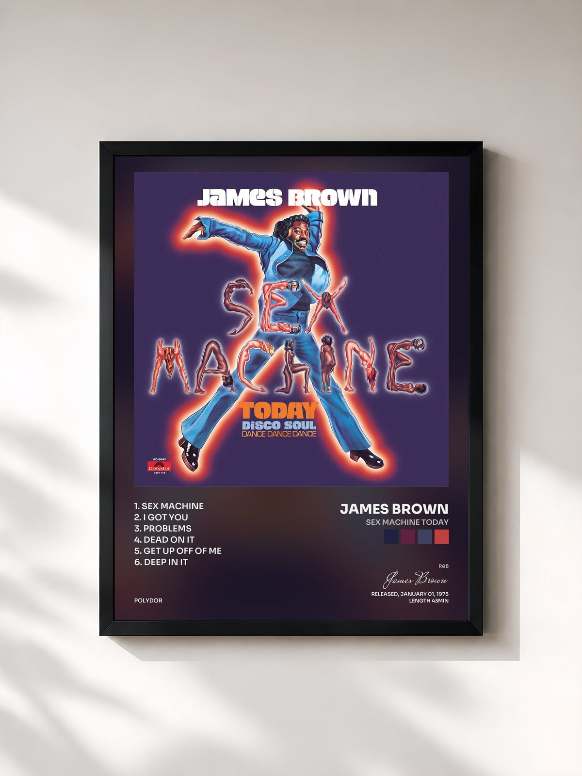 #noir Tableau de l'album Sex Machine Today de James Brown, cadre noir, imprimé et encadré en France