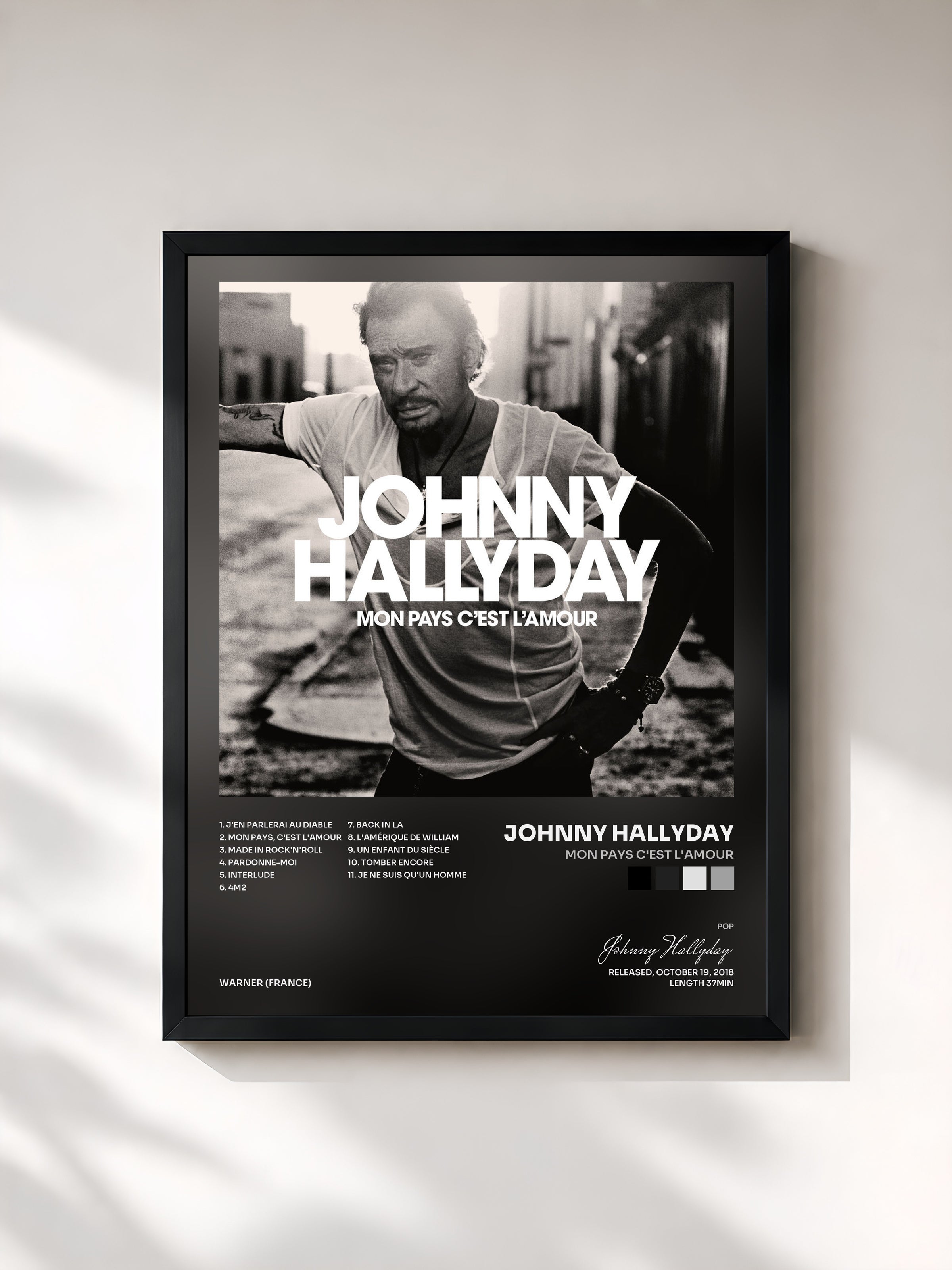 #noir Tableau de l'album Mon pays c'est l'amour de Johnny Hallyday, cadre noir, imprimé et encadré en France