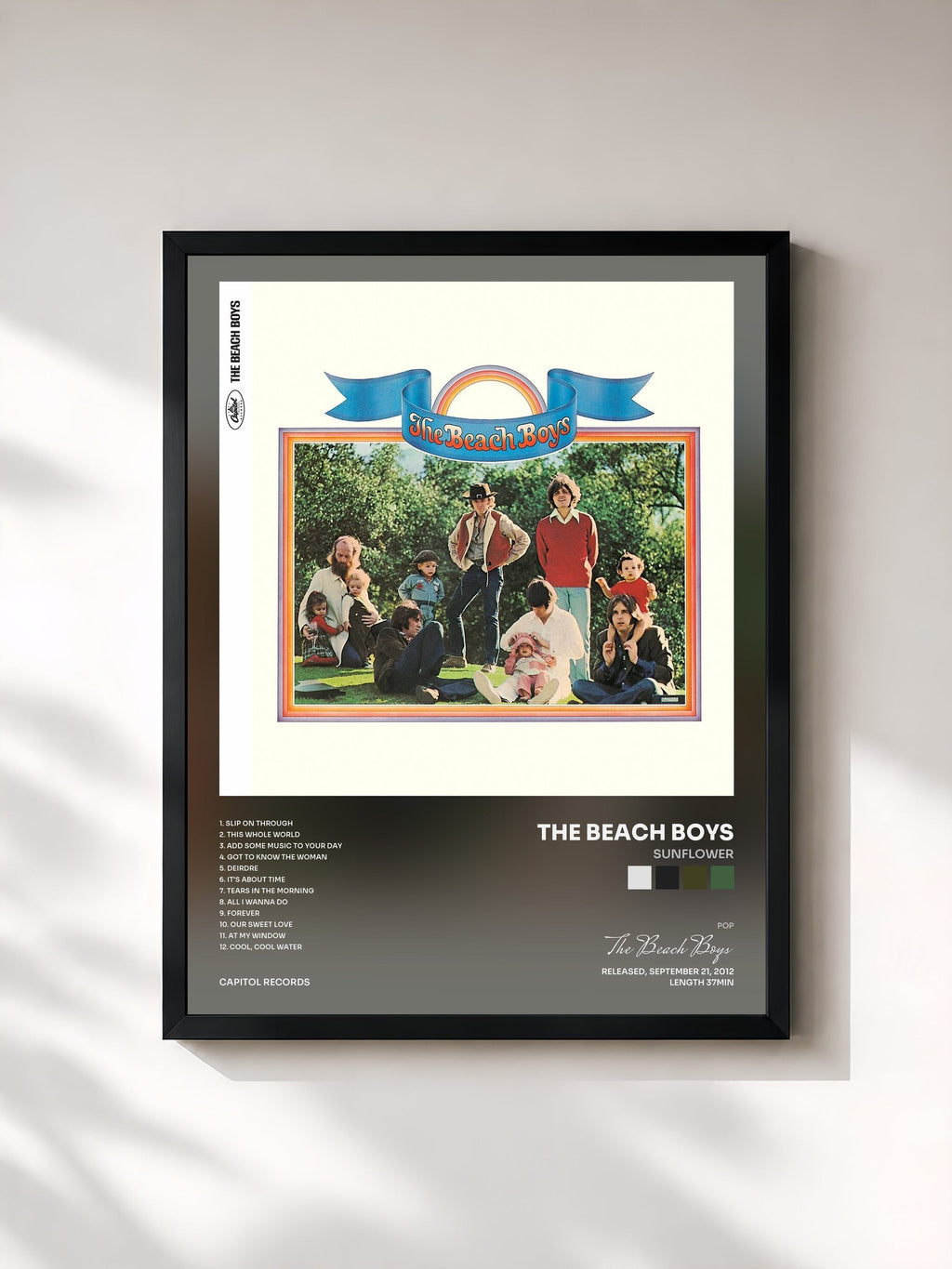 #noir Tableau de l'album Sunflower de The Beach Boys, cadre noir, imprimé et encadré en France