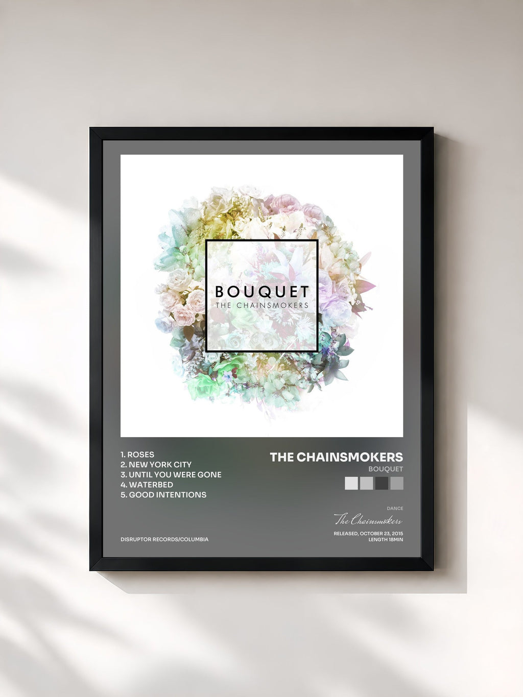 #noir Tableau de l'album Bouquet de The Chainsmokers, cadre noir, imprimé et encadré en France