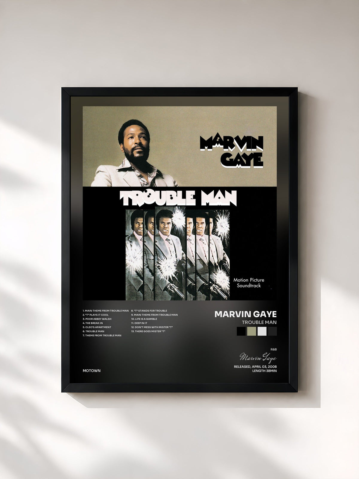 #noir Tableau de l'album Trouble Man de Marvin Gaye, cadre noir, imprimé et encadré en France