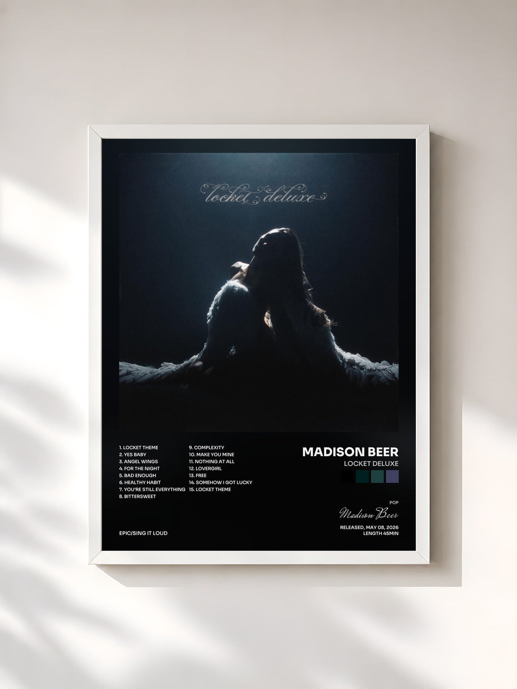 #blanc Tableau de l'album locket deluxe de Madison Beer, cadre blanc, imprimé et encadré en France
