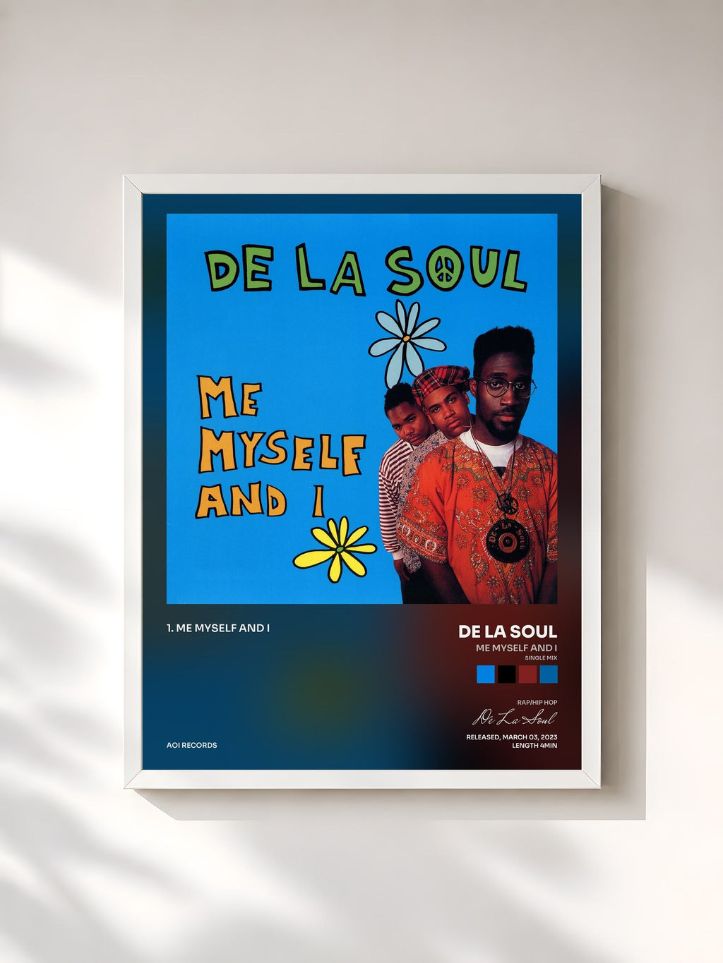 #blanc Me Myself and I (Single Mix) by De La Soul as a framed art print, white frame, printed and framed in France