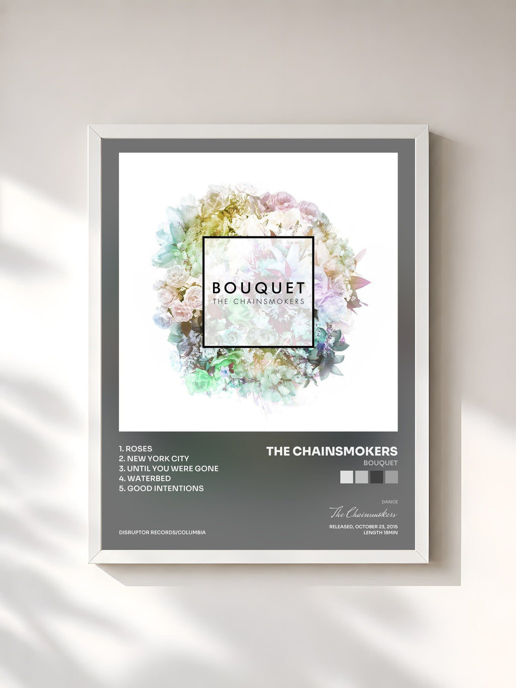 #blanc Tableau de l'album Bouquet de The Chainsmokers, cadre blanc, imprimé et encadré en France