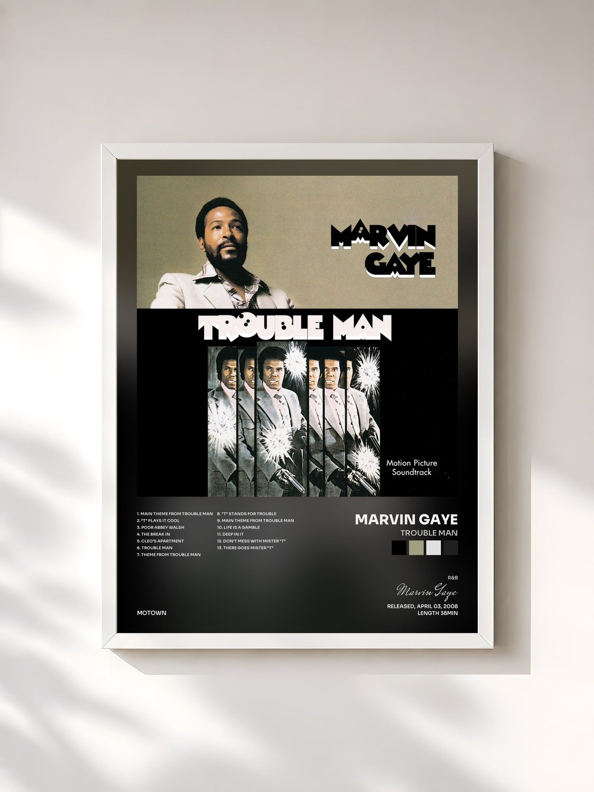 #blanc Tableau de l'album Trouble Man de Marvin Gaye, cadre blanc, imprimé et encadré en France