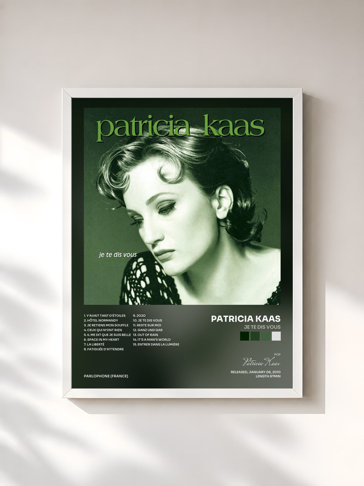 #blanc Tableau de l'album Je Te Dis Vous de Patricia Kaas, cadre blanc, imprimé et encadré en France