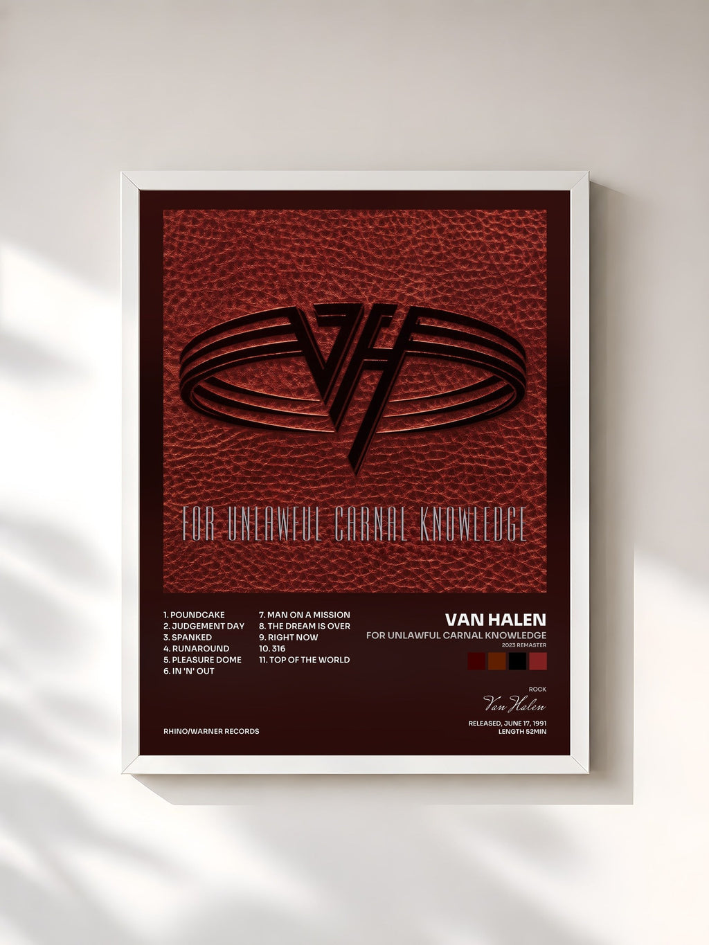#blanc Tableau de l'album For Unlawful Carnal Knowledge (2023 Remaster) de Van Halen, cadre blanc, imprimé et encadré en France