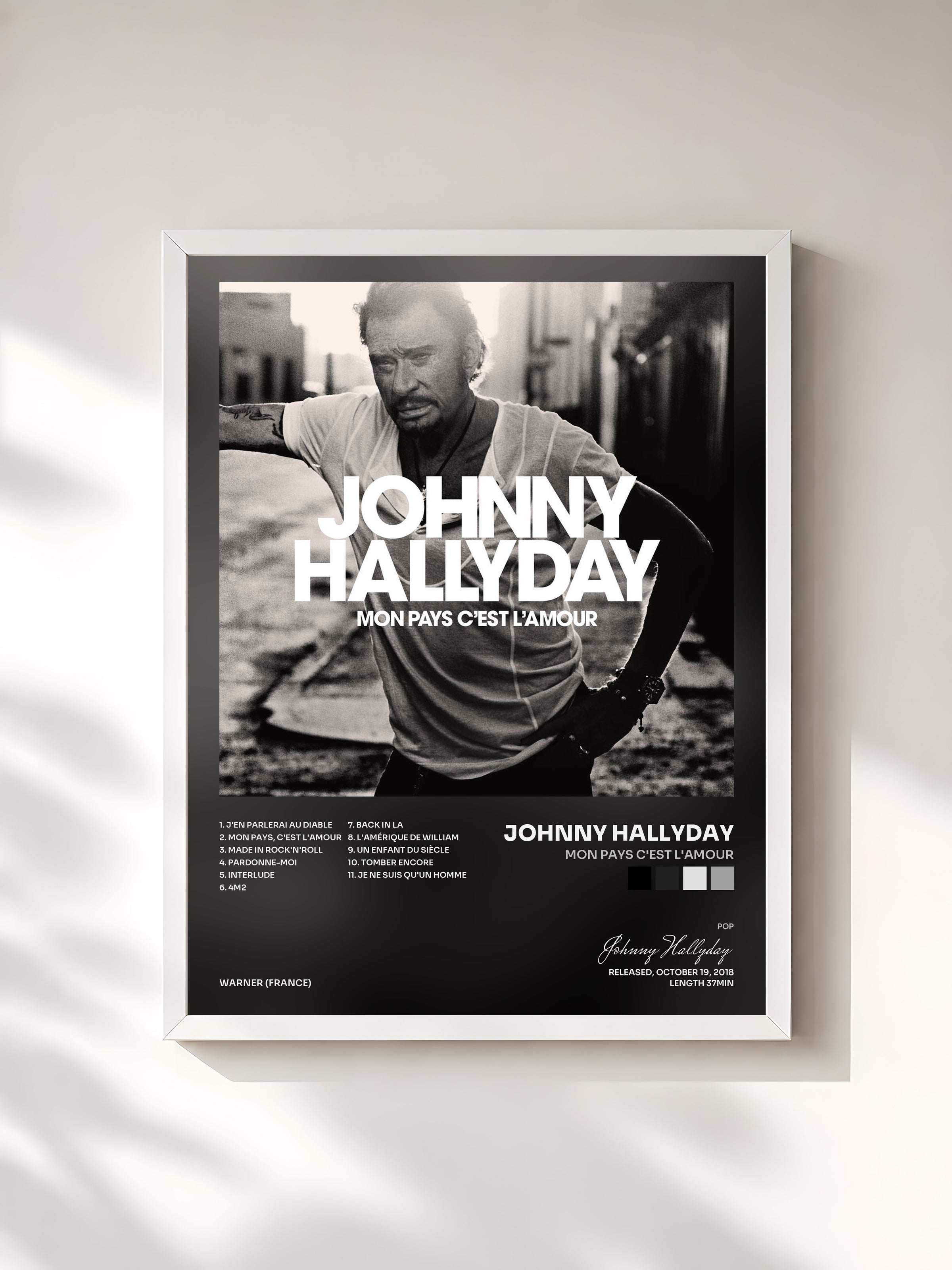 #blanc Tableau de l'album Mon pays c'est l'amour de Johnny Hallyday, cadre blanc, imprimé et encadré en France