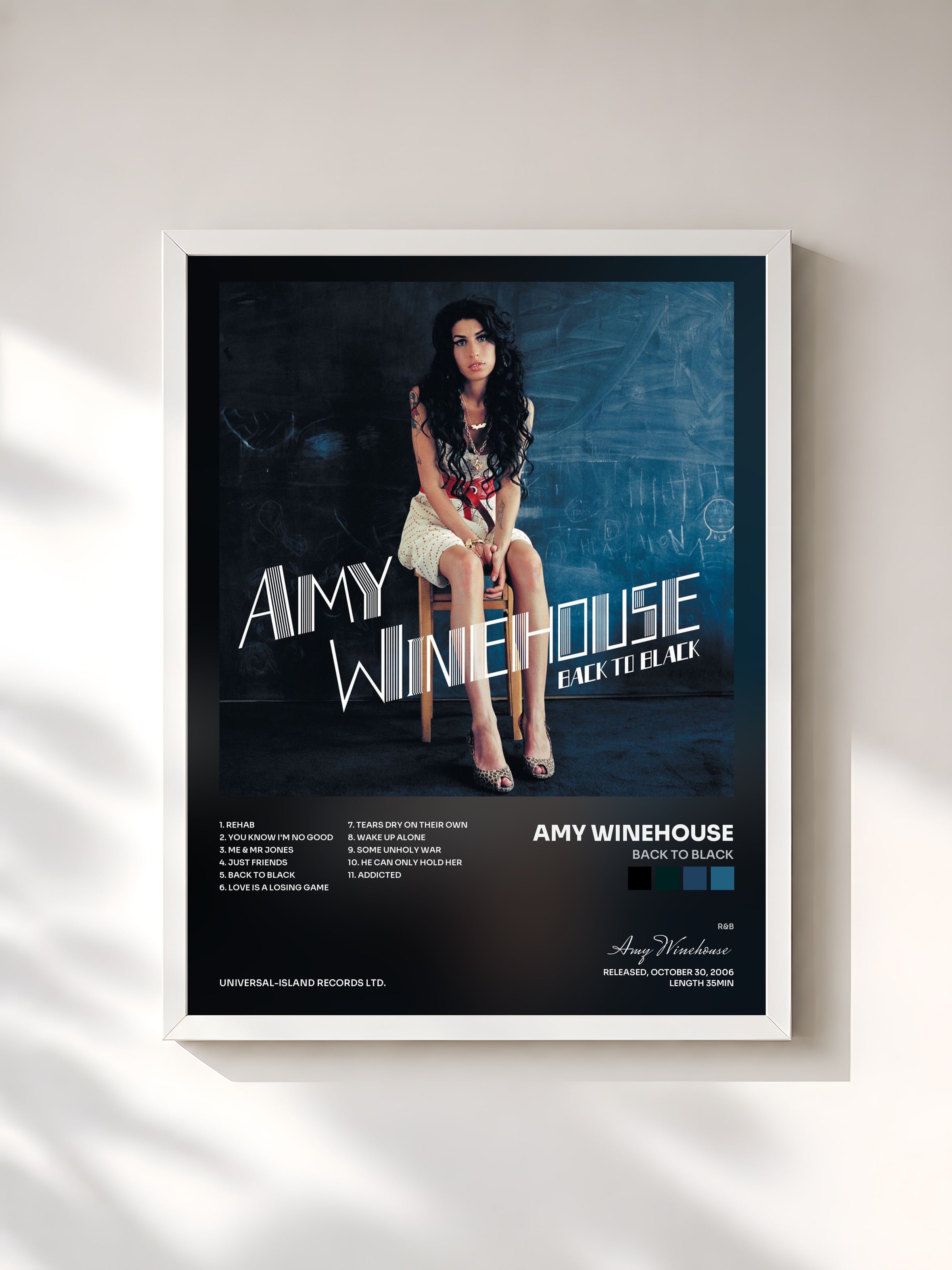 #blanc Back To Black di Amy Winehouse in stampa incorniciata, cornice bianca, stampata e incorniciata in Francia