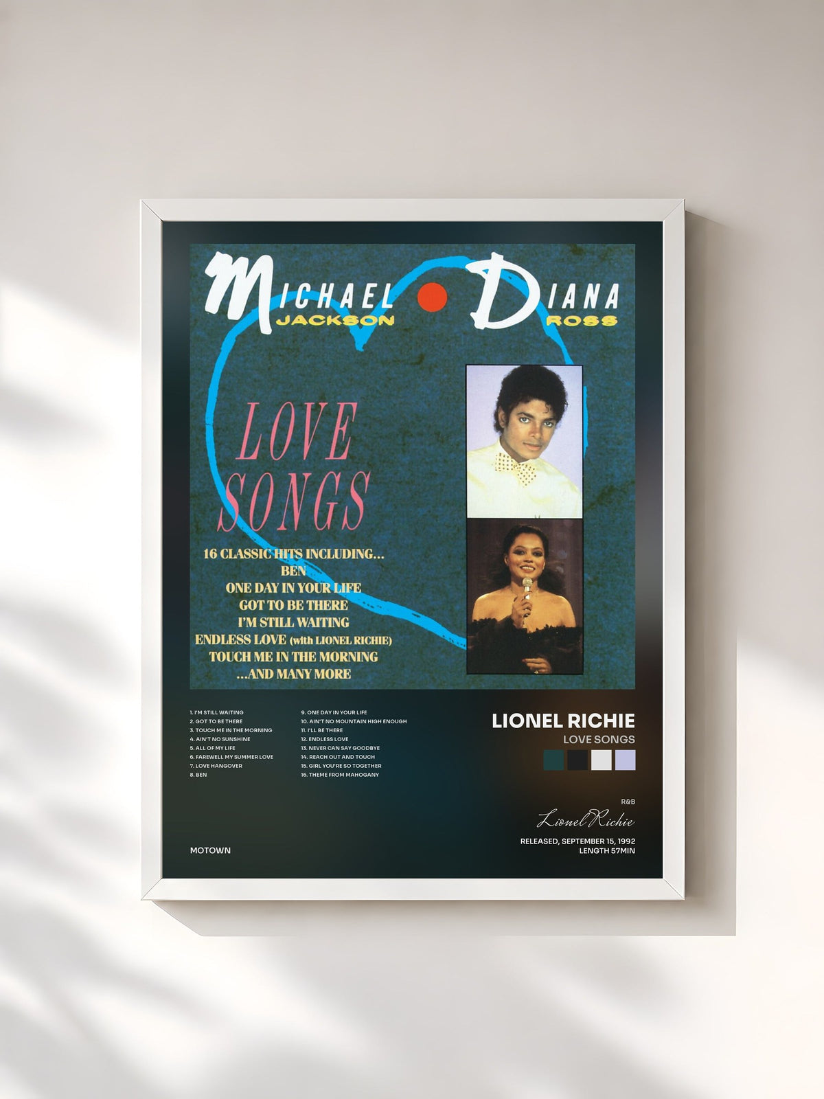 #blanc Tableau de l'album Love Songs de Lionel Richie, cadre blanc, imprimé et encadré en France