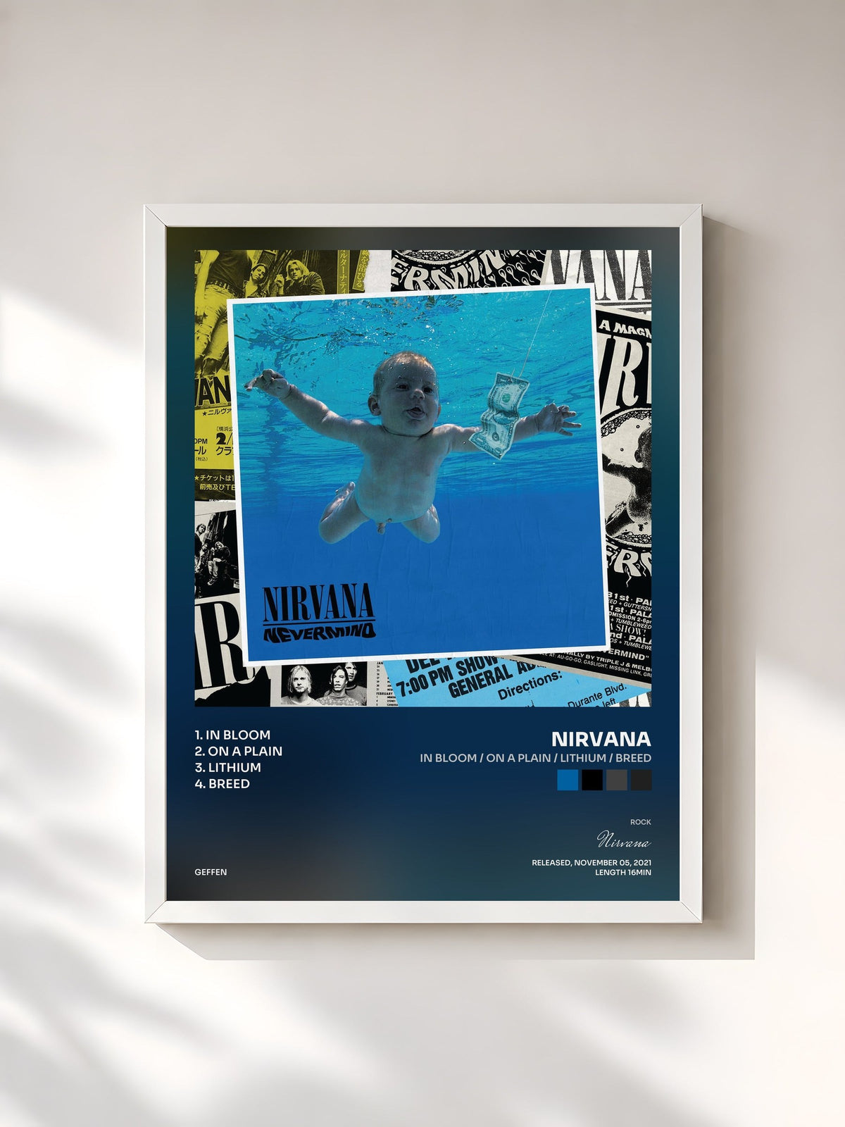 #blanc Tableau de l'album In Bloom / On A Plain / Lithium / Breed de Nirvana, cadre blanc, imprimé et encadré en France