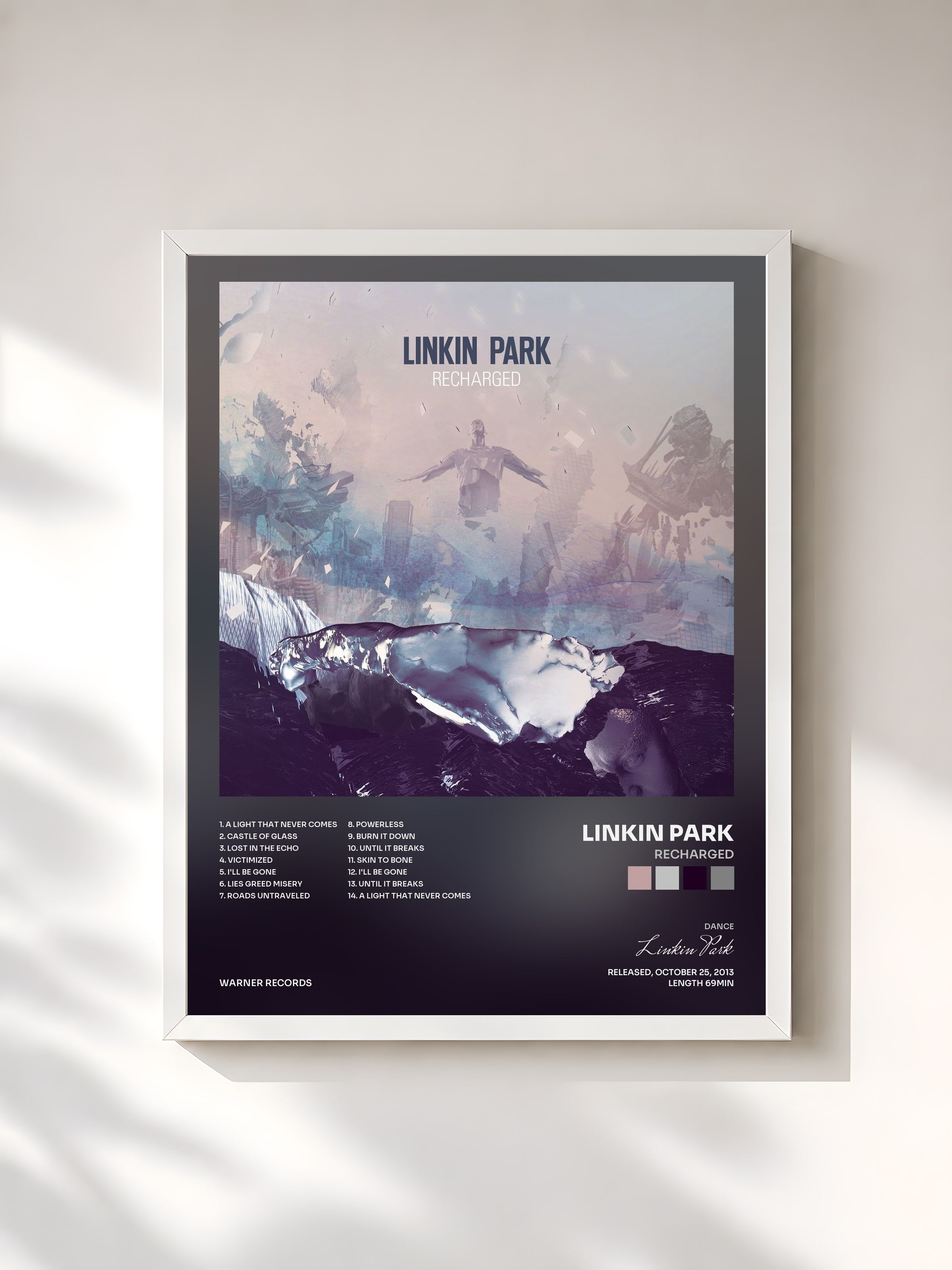 #blanc Tableau de l'album RECHARGED de Linkin Park, cadre blanc, imprimé et encadré en France
