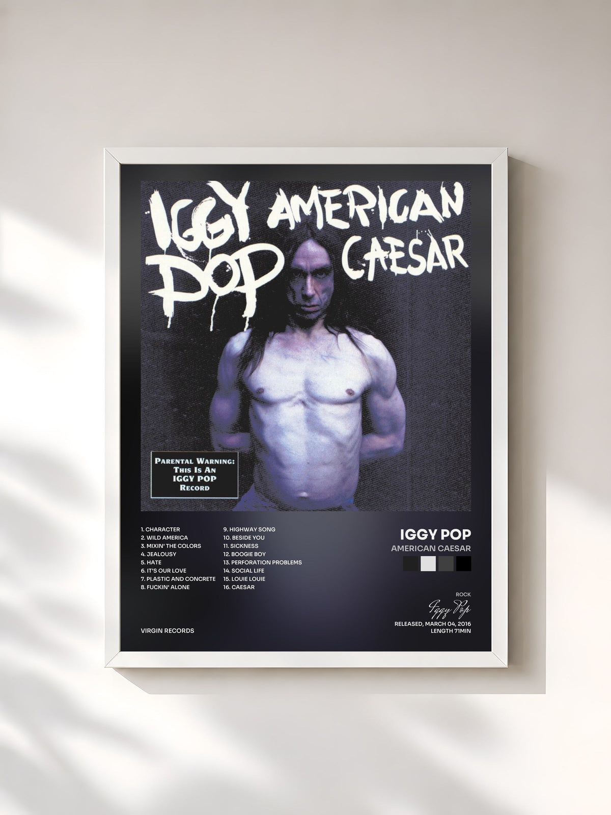 #blanc Tableau de l'album American Caesar de Iggy Pop, cadre blanc, imprimé et encadré en France