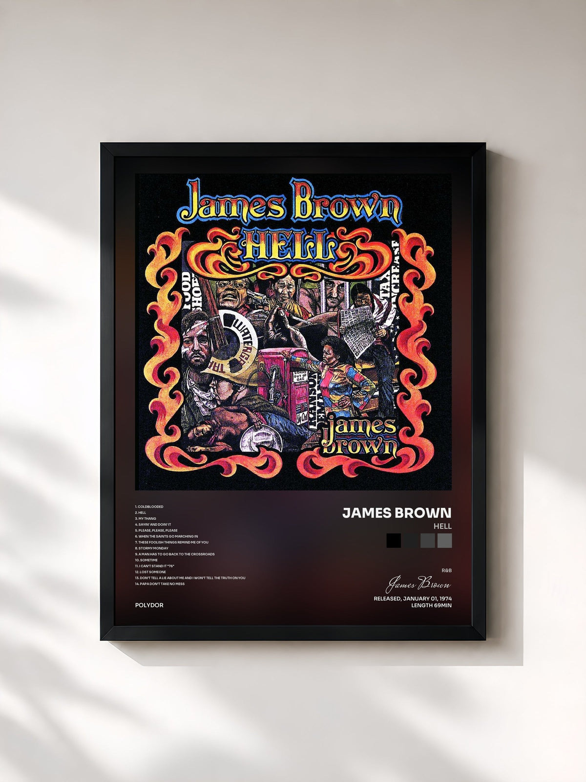 #noir Tableau de l'album Hell de James Brown, cadre noir, imprimé et encadré en France