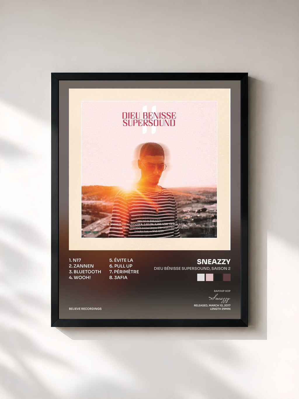 #noir Tableau de l'album Dieu bénisse Supersound, saison 2 de Sneazzy, cadre noir, imprimé et encadré en France