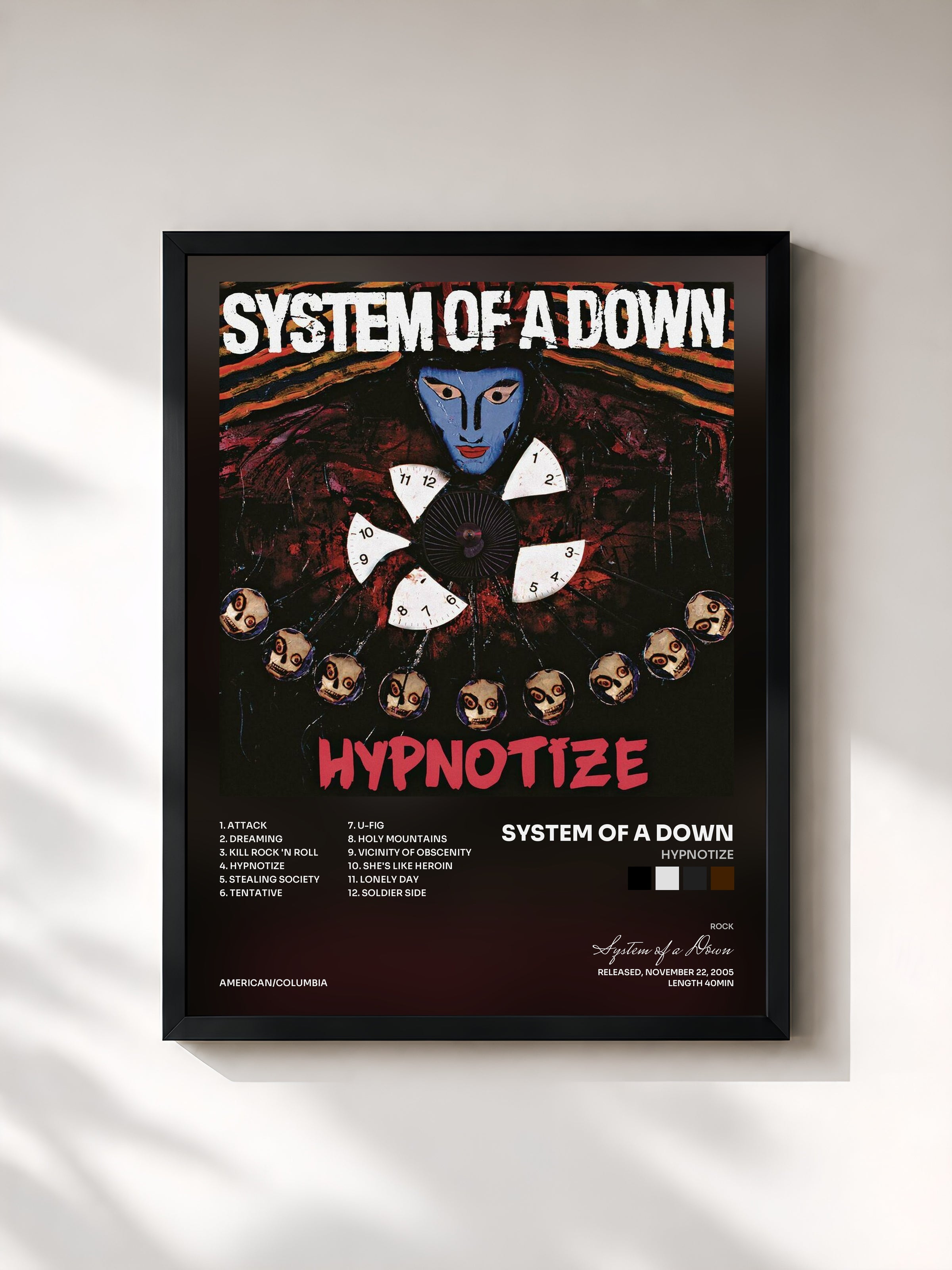 #noir Tableau de l'album Hypnotize de System of a Down, cadre noir, imprimé et encadré en France