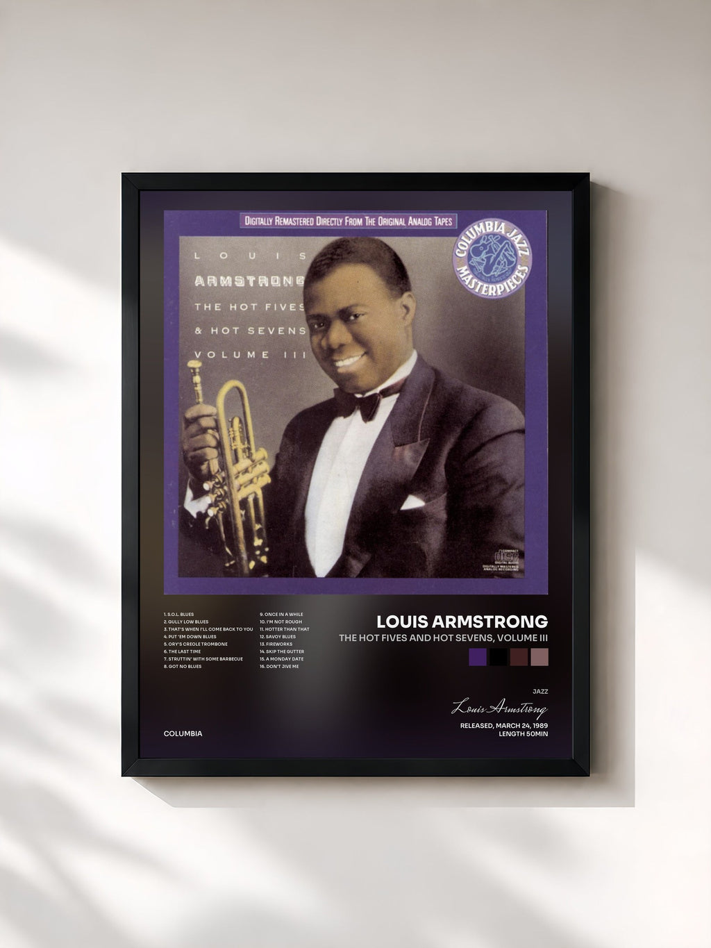 #noir Tableau de l'album The Hot Fives And Hot Sevens, Volume Iii de Louis Armstrong, cadre noir, imprimé et encadré en France