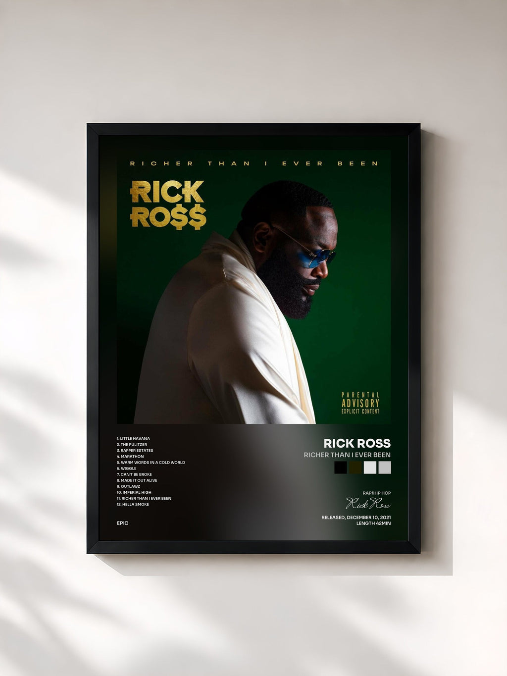 #noir Tableau de l'album Richer Than I Ever Been de Rick Ross, cadre noir, imprimé et encadré en France