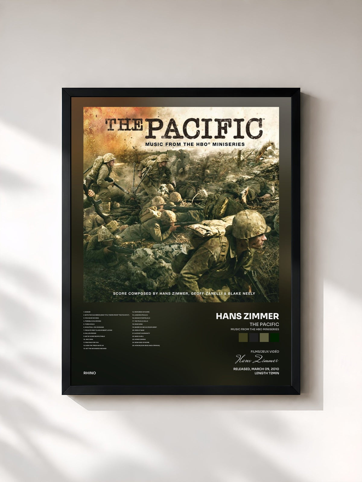 #noir Tableau de l'album The Pacific (Music From the HBO Miniseries) de Hans Zimmer, cadre noir, imprimé et encadré en France