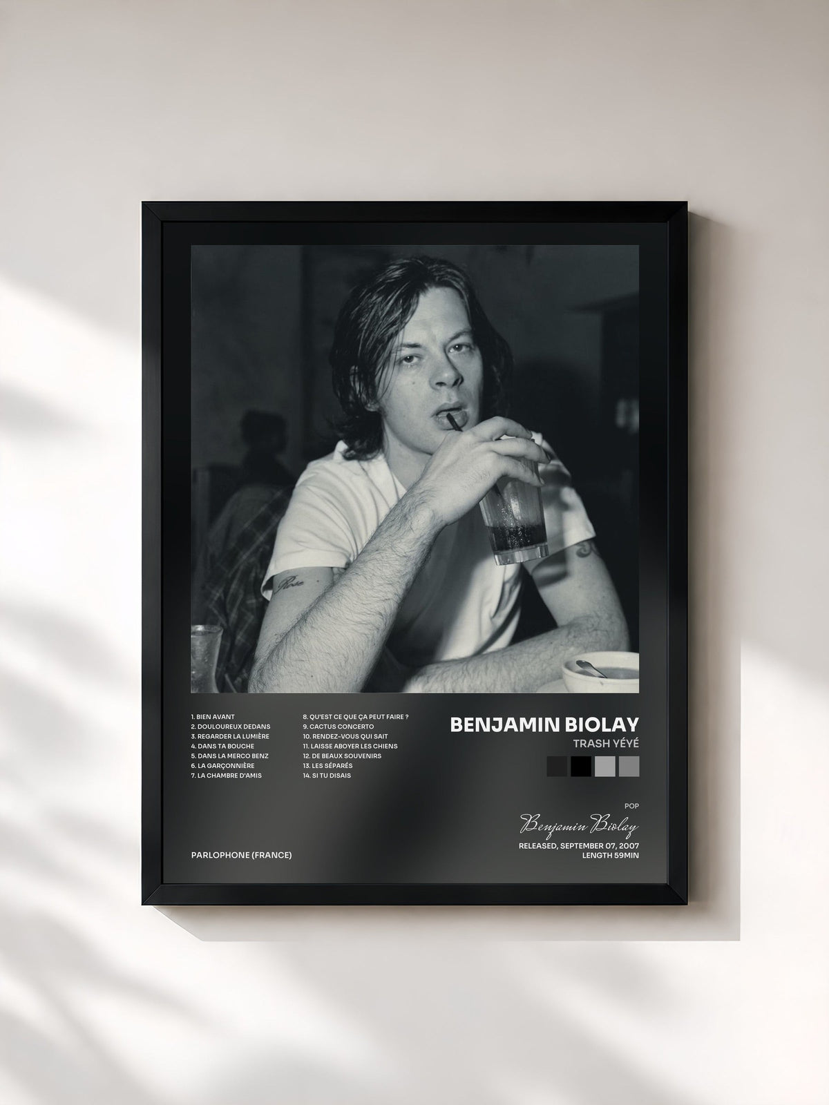#noir Trash yéyé by Benjamin Biolay as a framed art print, black frame, printed and framed in France
