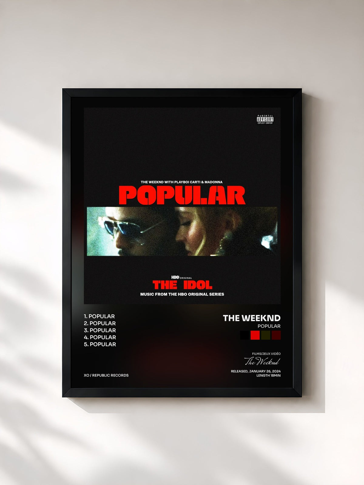 #noir Tableau de l'album Popular de The Weeknd, cadre noir, imprimé et encadré en France