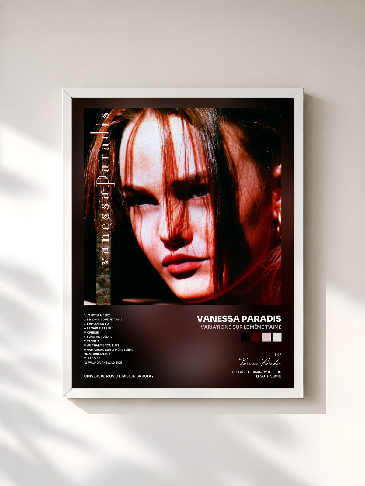 #blanc Variations sur le même t’aime de Vanessa Paradis en lámina enmarcada, marco blanco, impresa y enmarcada en Francia