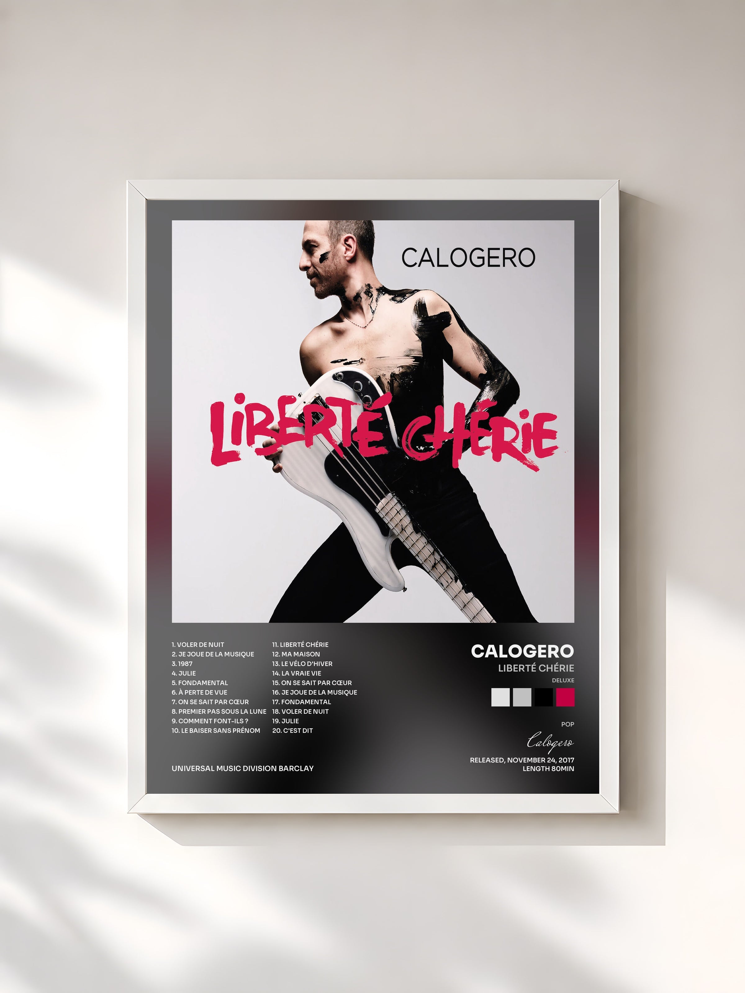 #blanc Liberté chérie (Deluxe) de Calogero en lámina enmarcada, marco blanco, impresa y enmarcada en Francia