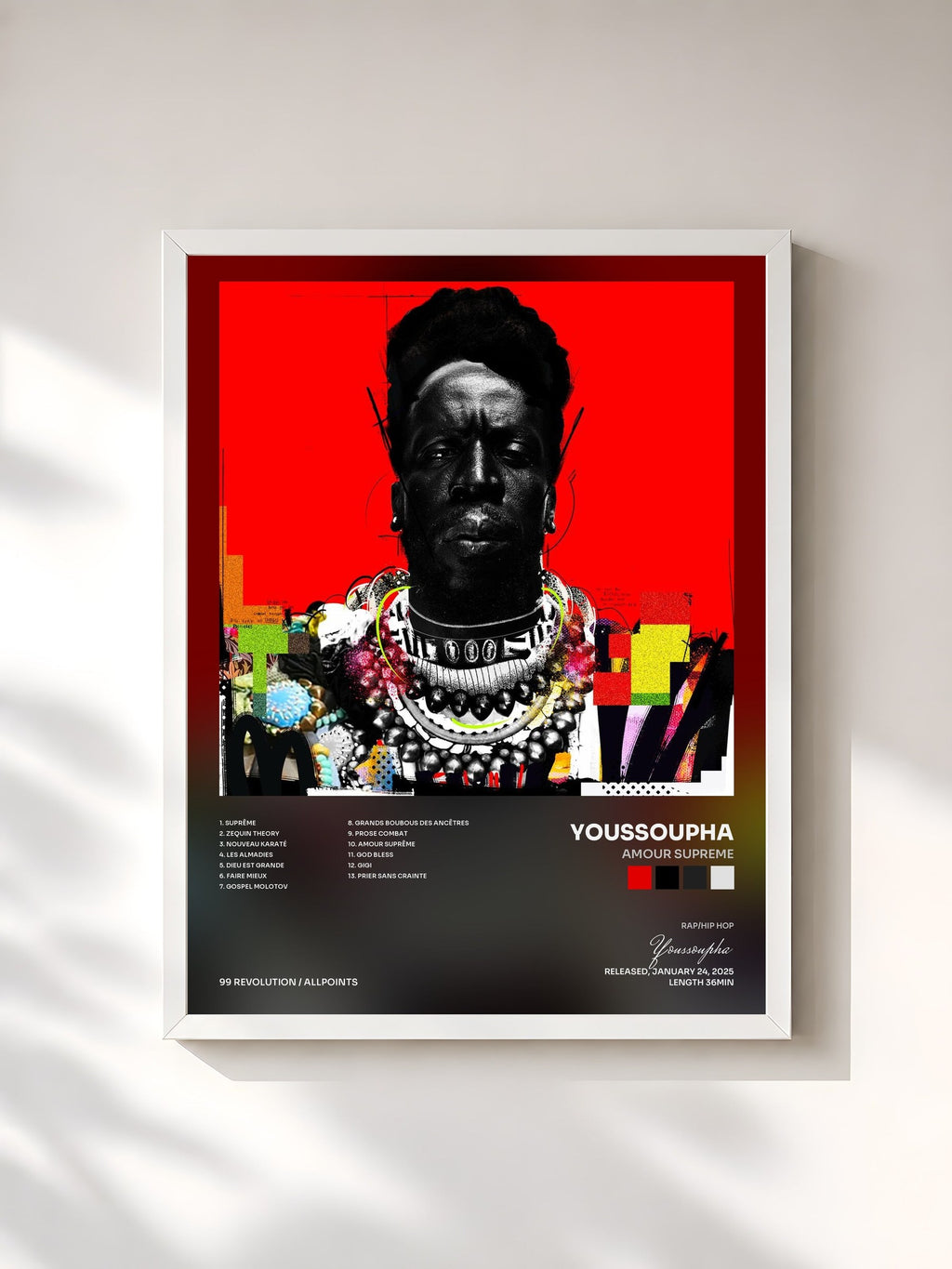 #blanc Tableau de l'album AMOUR SUPREME de Youssoupha, cadre blanc, imprimé et encadré en France
