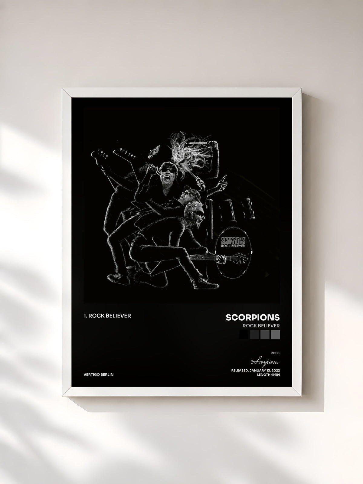 #blanc Tableau de l'album Rock Believer de Scorpions, cadre blanc, imprimé et encadré en France