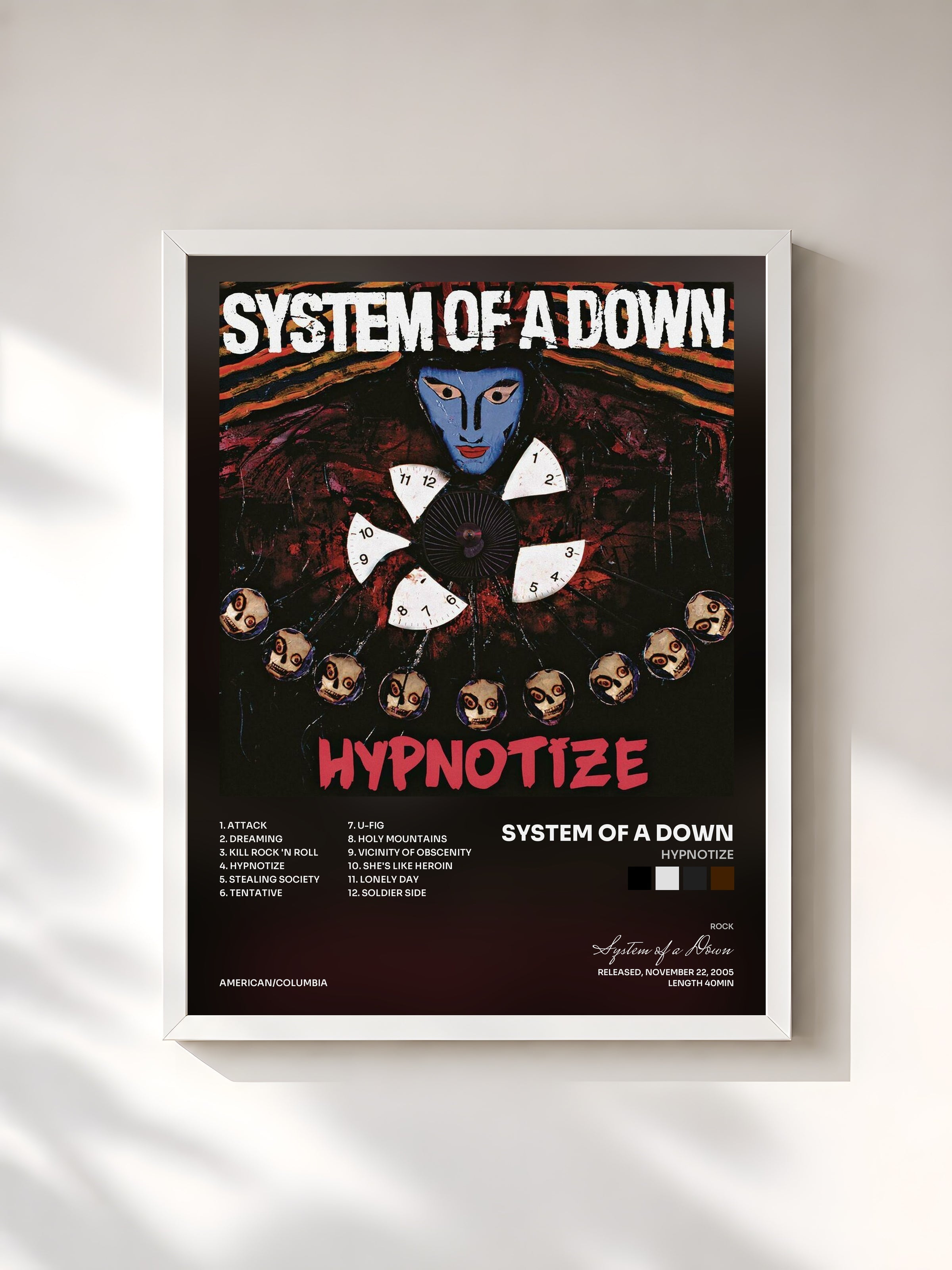 #blanc Tableau de l'album Hypnotize de System of a Down, cadre blanc, imprimé et encadré en France