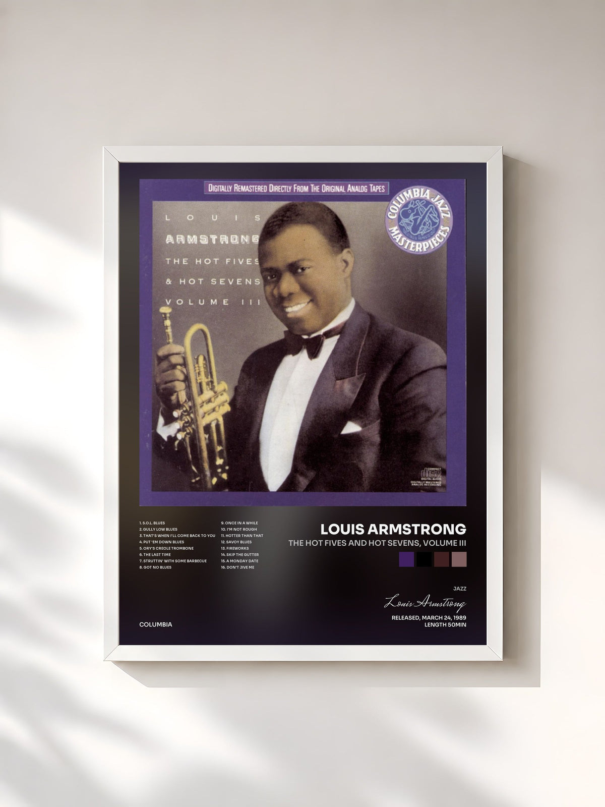 #blanc Tableau de l'album The Hot Fives And Hot Sevens, Volume Iii de Louis Armstrong, cadre blanc, imprimé et encadré en France